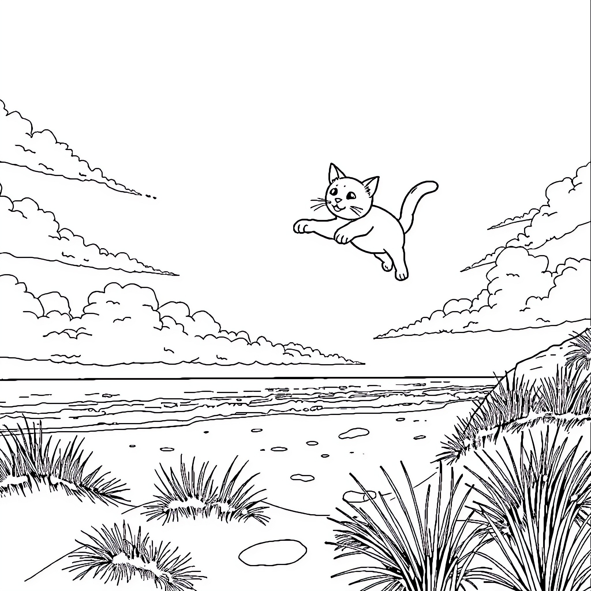 Cat playfully leaping in the serene landscape Coloring Page (free black-and-white line drawing printable PDF for all, from beginners to advanced learners, including children, teens, adults, and seniors)