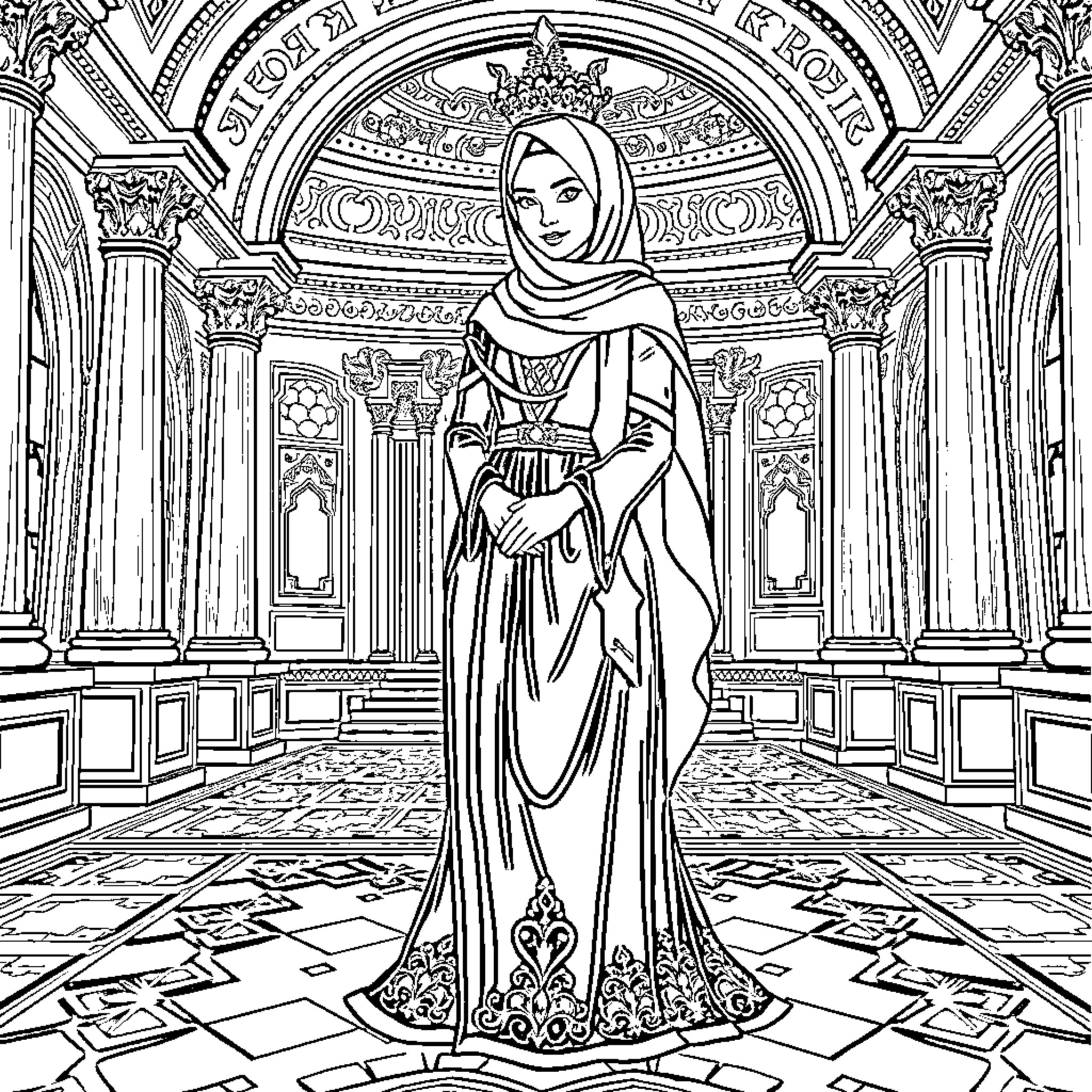 Princess in a grand palace Coloring Page (free black-and-white line drawing printable PDF for all, from beginners to advanced learners, including children, teens, adults, and seniors)