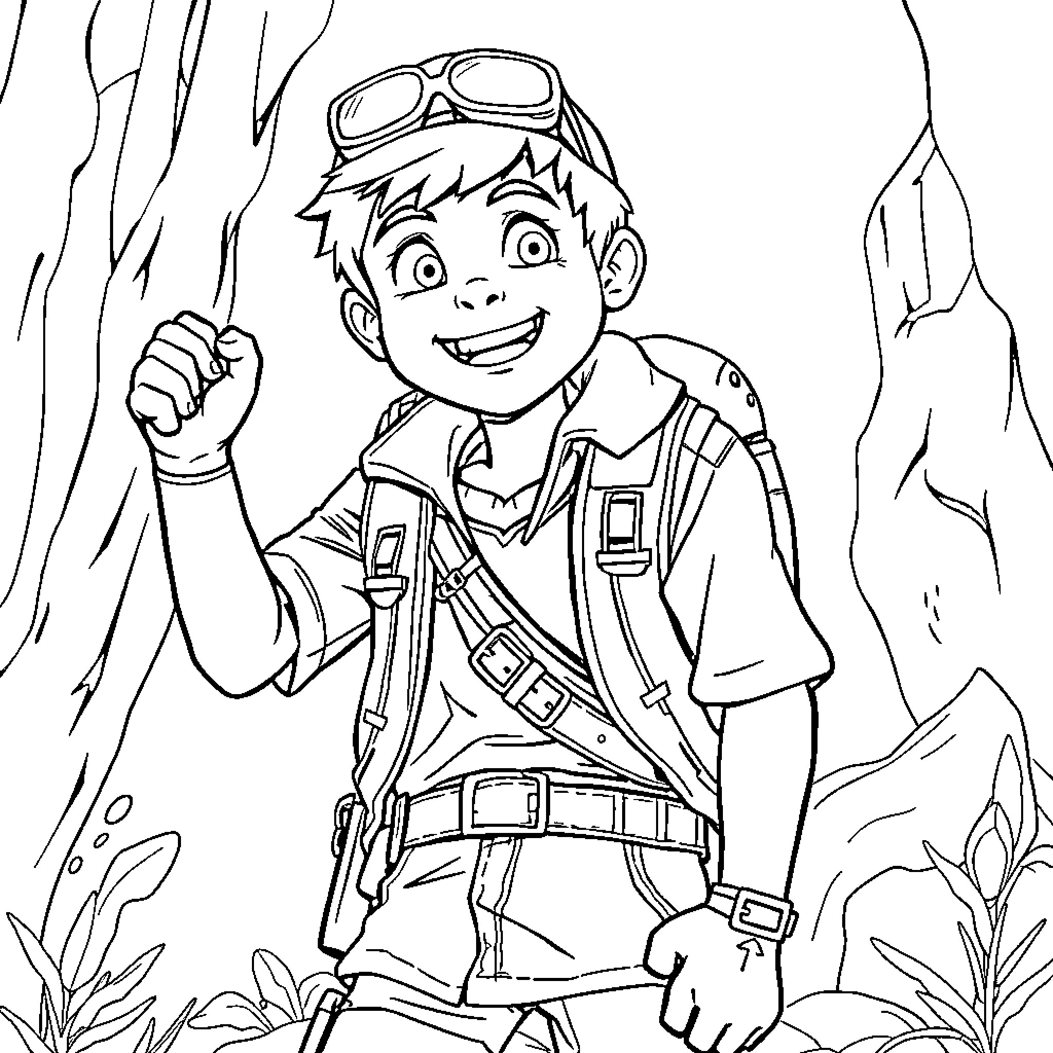 Sam's Adventurous Exploration in the Wild Coloring Page (free black-and-white line drawing printable PDF for all, from beginners to advanced learners, including children, teens, adults, and seniors)