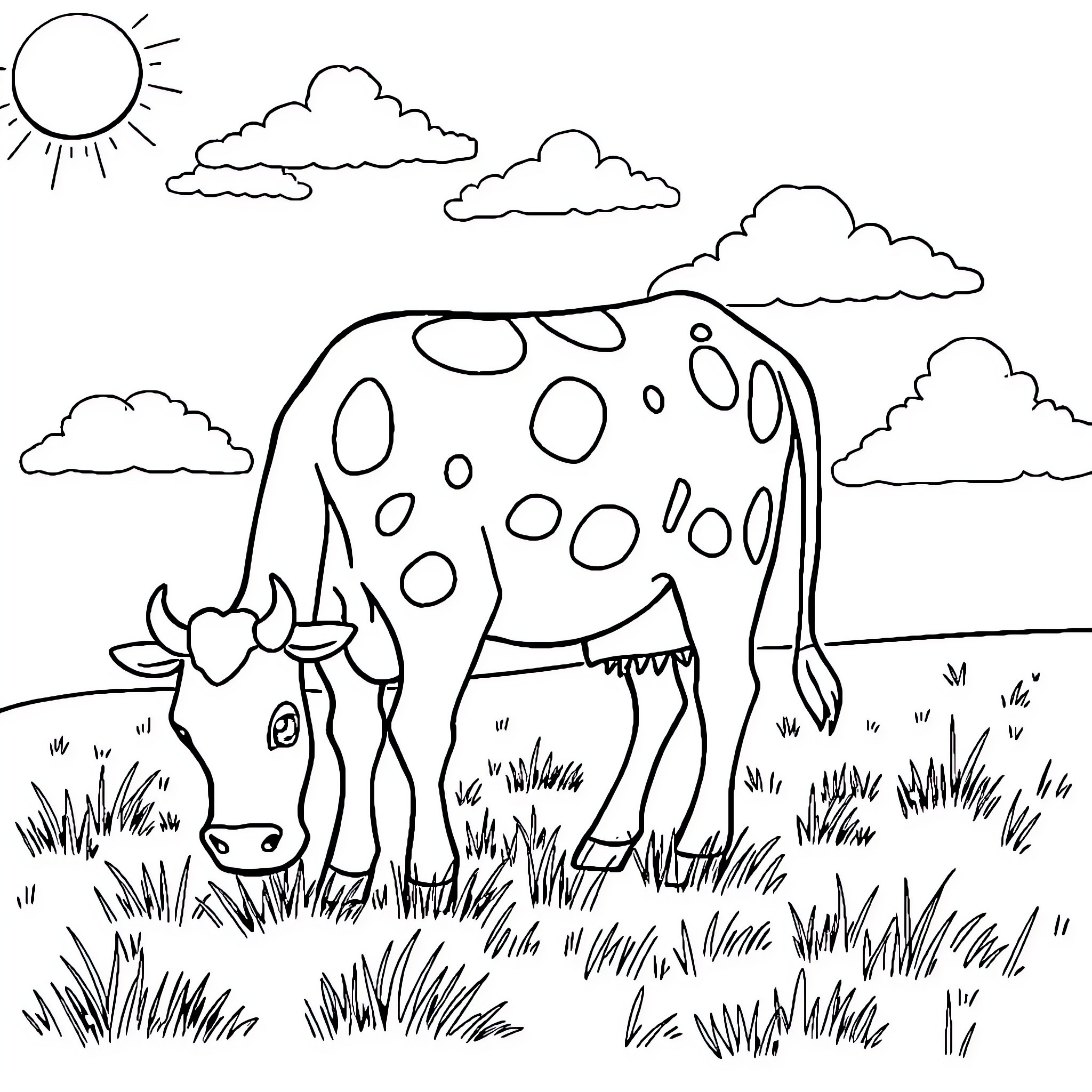 Cow grazing peacefully in a grassy field Coloring Page (free black-and-white line drawing printable PDF for all, from beginners to advanced learners, including children, teens, adults, and seniors)