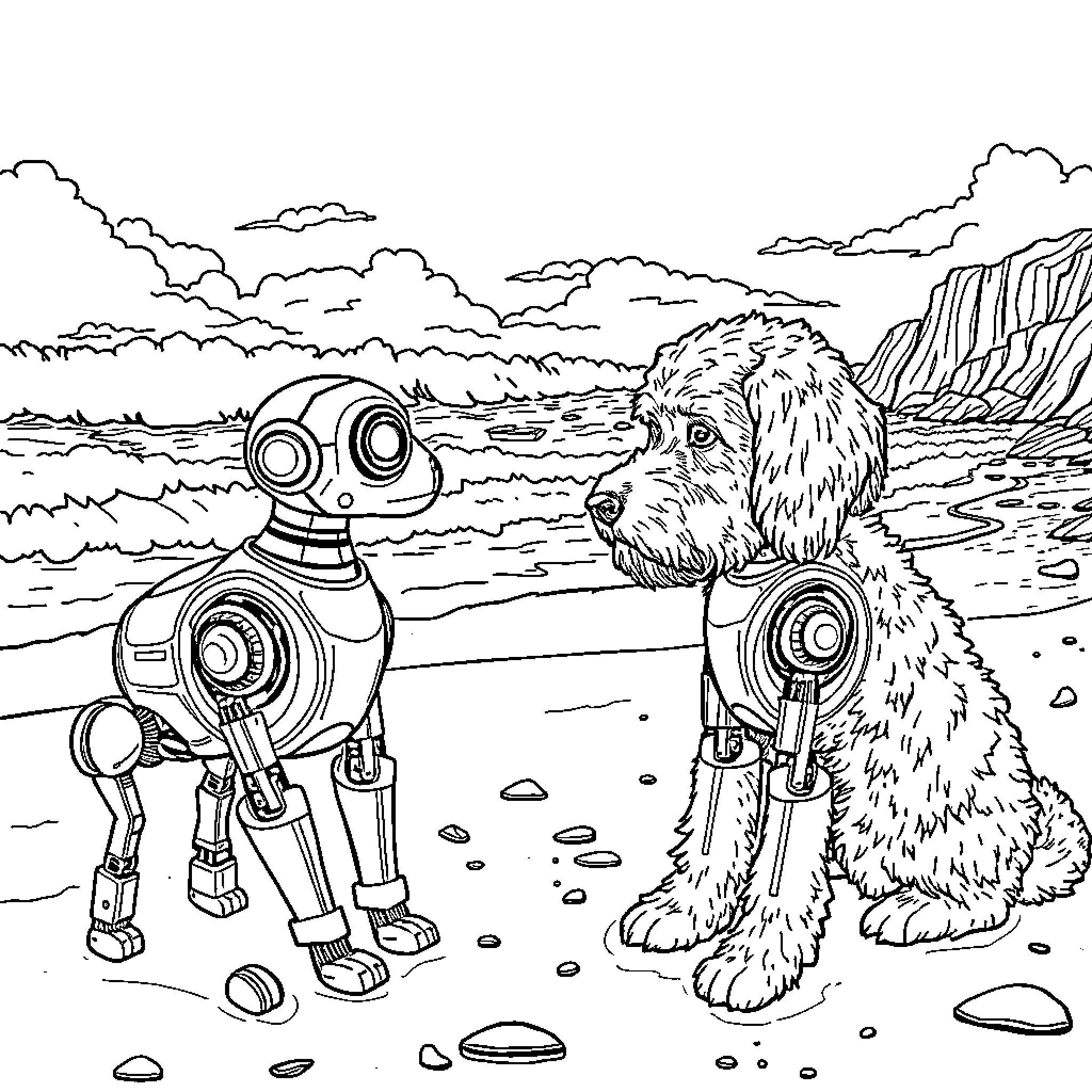 Labradoodle and Robot Exploring the Wilderness Coloring Page (free black-and-white line drawing printable PDF for all, from beginners to advanced learners, including children, teens, adults, and seniors)