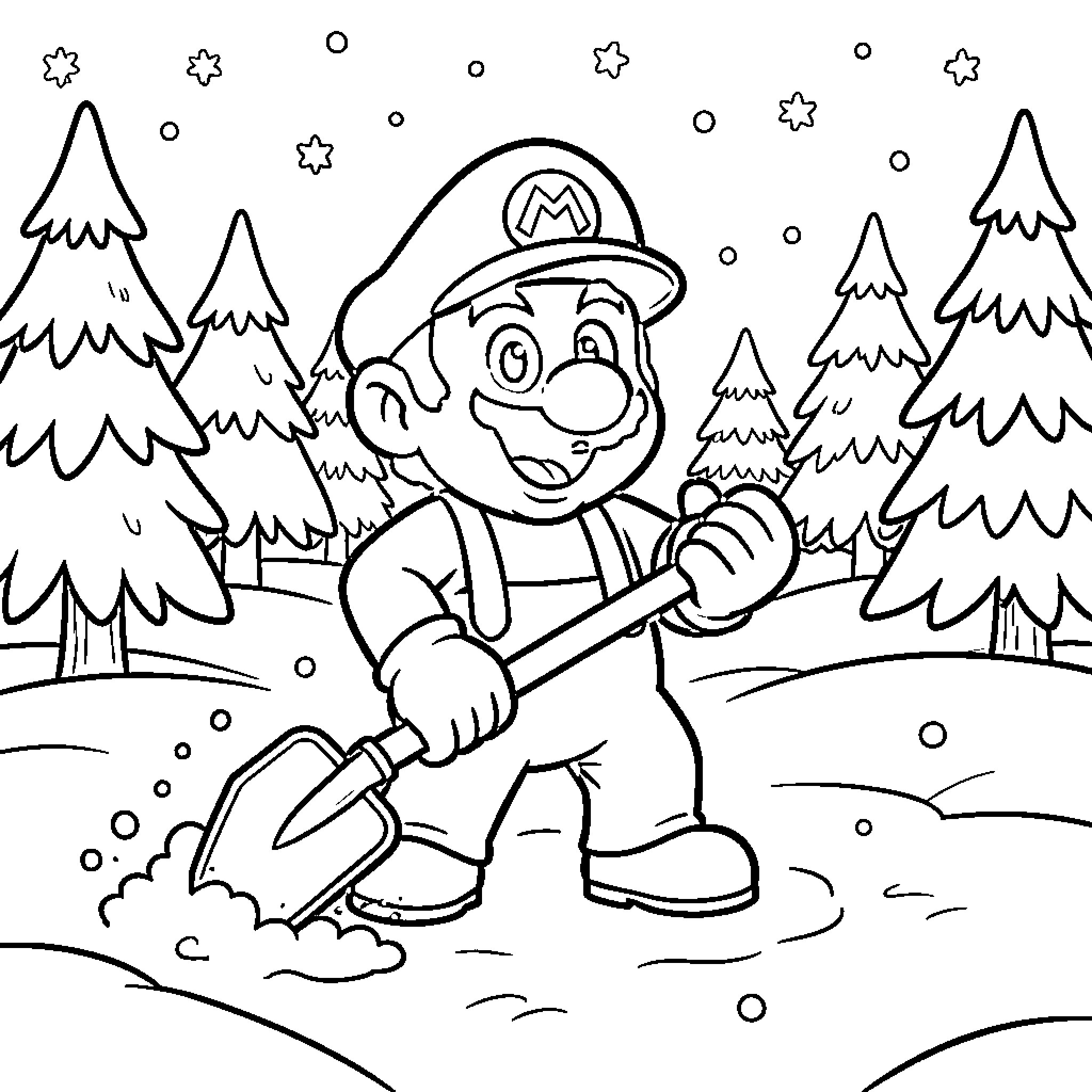Mario cheerfully shoveling snow in a winter wonderland Coloring Page (free black-and-white line drawing printable PDF for all, from beginners to advanced learners, including children, teens, adults, and seniors)