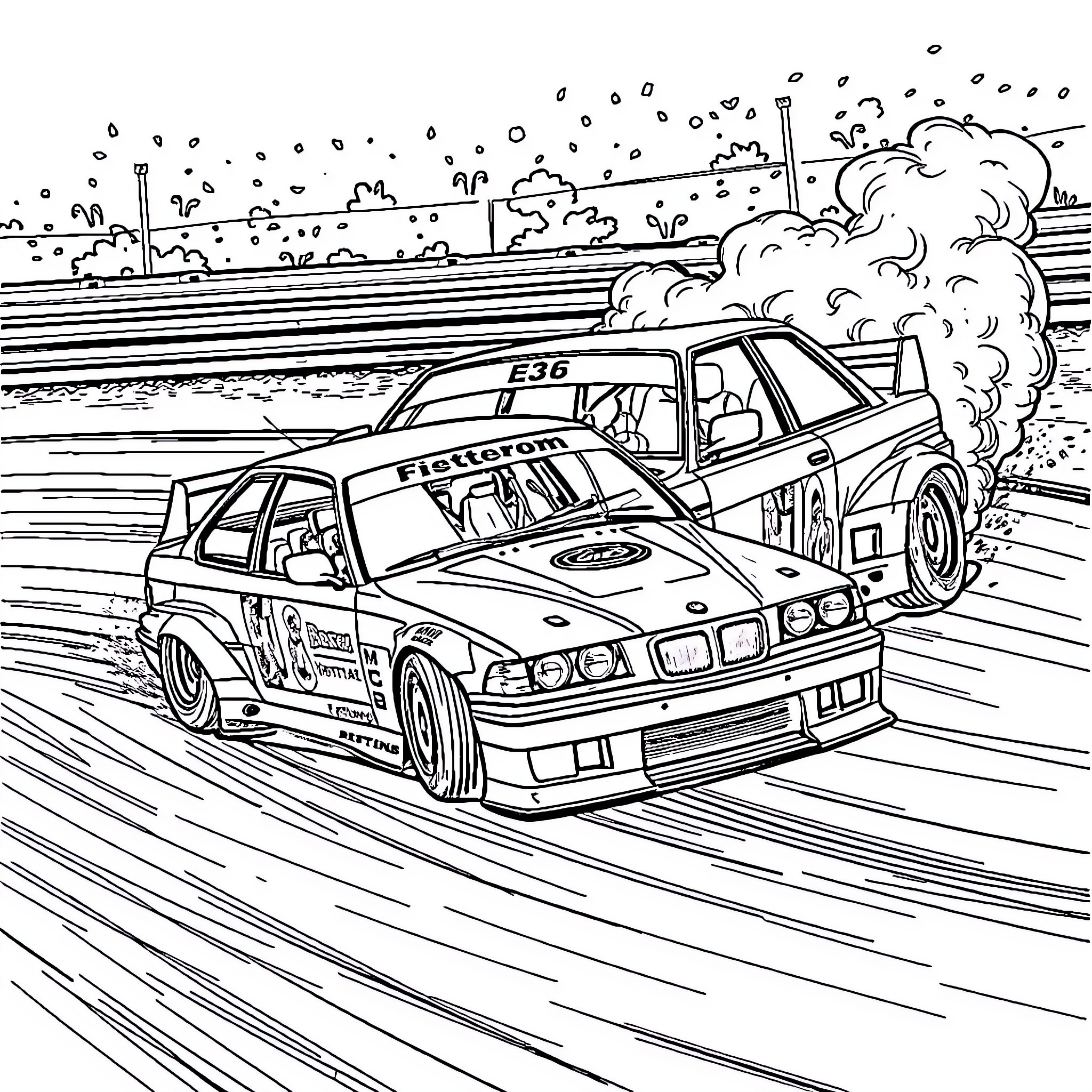 E36 Racing Car Speeding through the Track Coloring Page (free black-and-white line drawing printable PDF for all, from beginners to advanced learners, including children, teens, adults, and seniors)