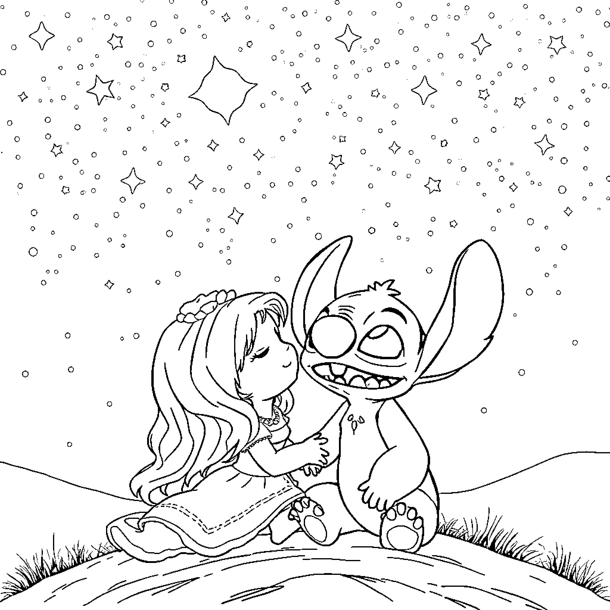 Extraterrestrial friends under the starry sky Coloring Page (free black-and-white line drawing printable PDF for all, from beginners to advanced learners, including children, teens, adults, and seniors)