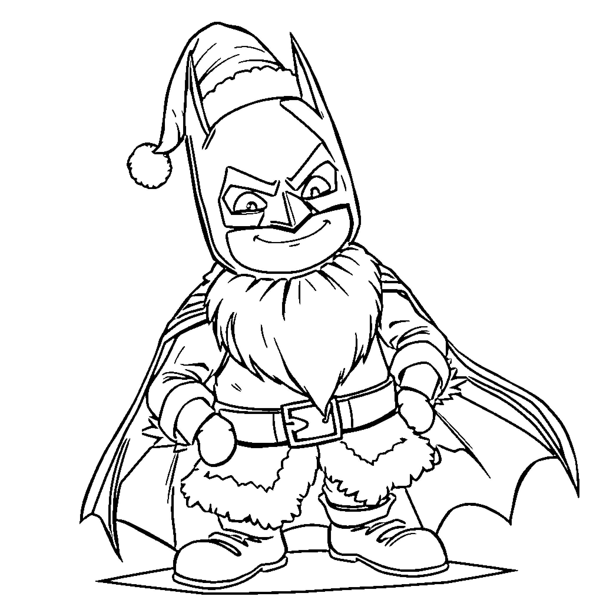 Batman the Elf in Festive Attire Coloring Page (free black-and-white line drawing printable PDF for all, from beginners to advanced learners, including children, teens, adults, and seniors)