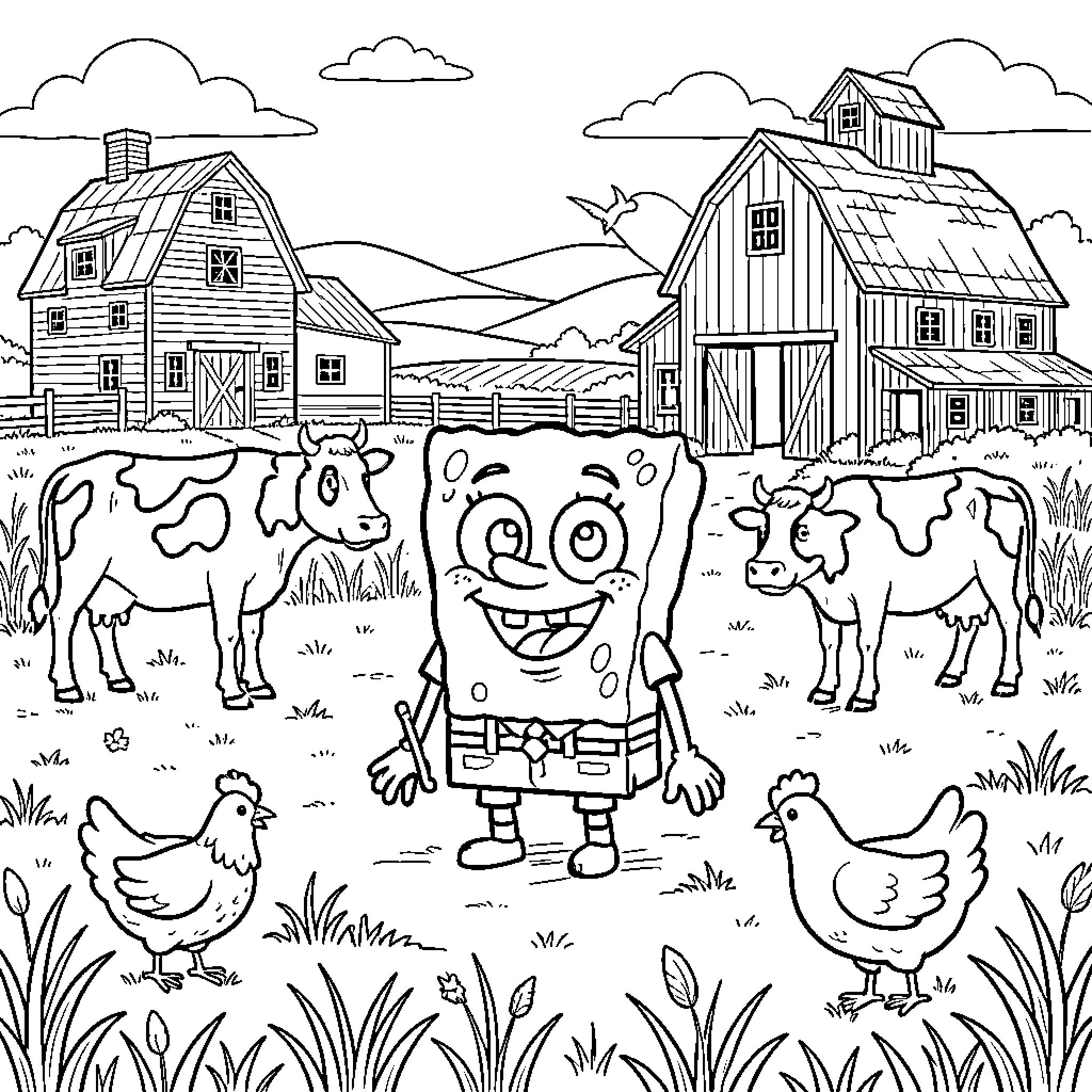 Spongebob smiling happily on a farm with animals Coloring Page (free black-and-white line drawing printable PDF for all, from beginners to advanced learners, including children, teens, adults, and seniors)
