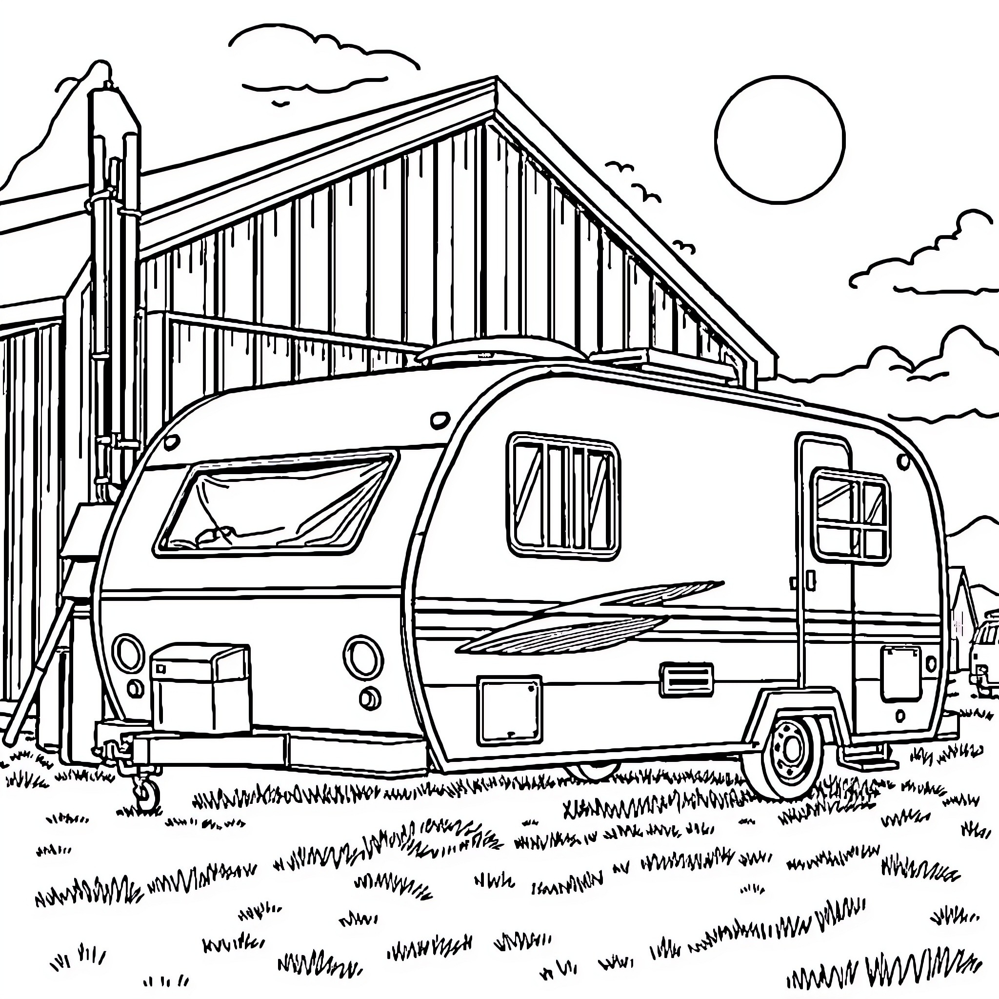 Camper parked near the woods under a cloudy sky Coloring Page (free black-and-white line drawing printable PDF for all, from beginners to advanced learners, including children, teens, adults, and seniors)