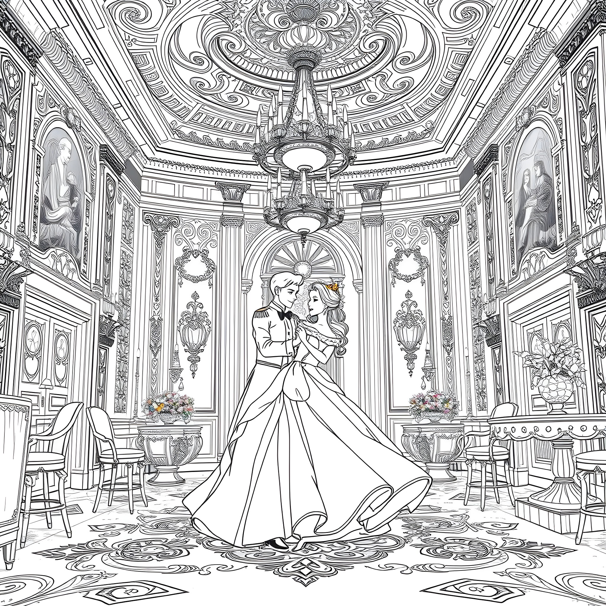 Cinderella and Prince Charming in an elegant ballroom Coloring Page (free black-and-white line drawing printable PDF for all, from beginners to advanced learners, including children, teens, adults, and seniors)