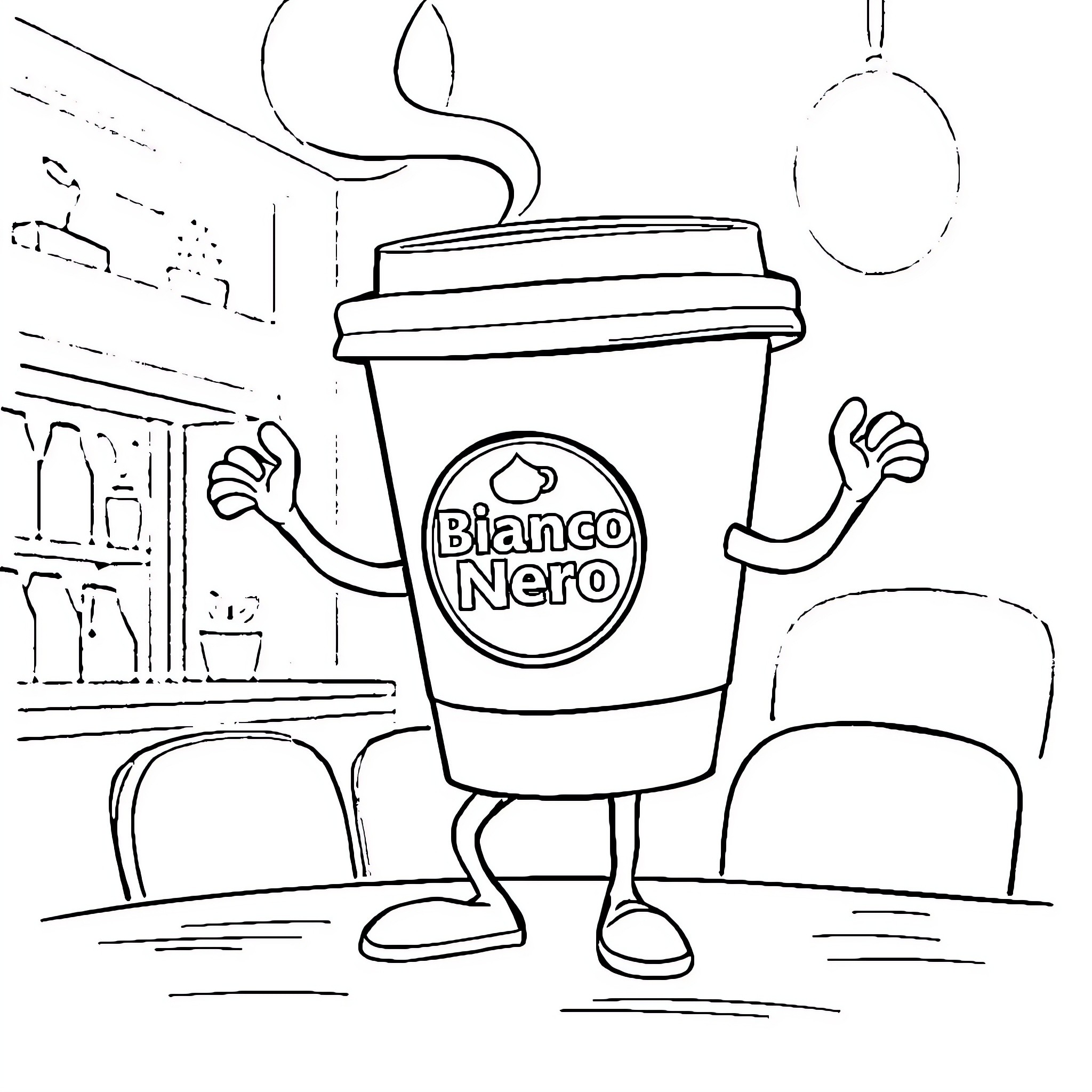 Coffee cup character at cafe waving happily Coloring Page (free black-and-white line drawing printable PDF for all, from beginners to advanced learners, including children, teens, adults, and seniors)