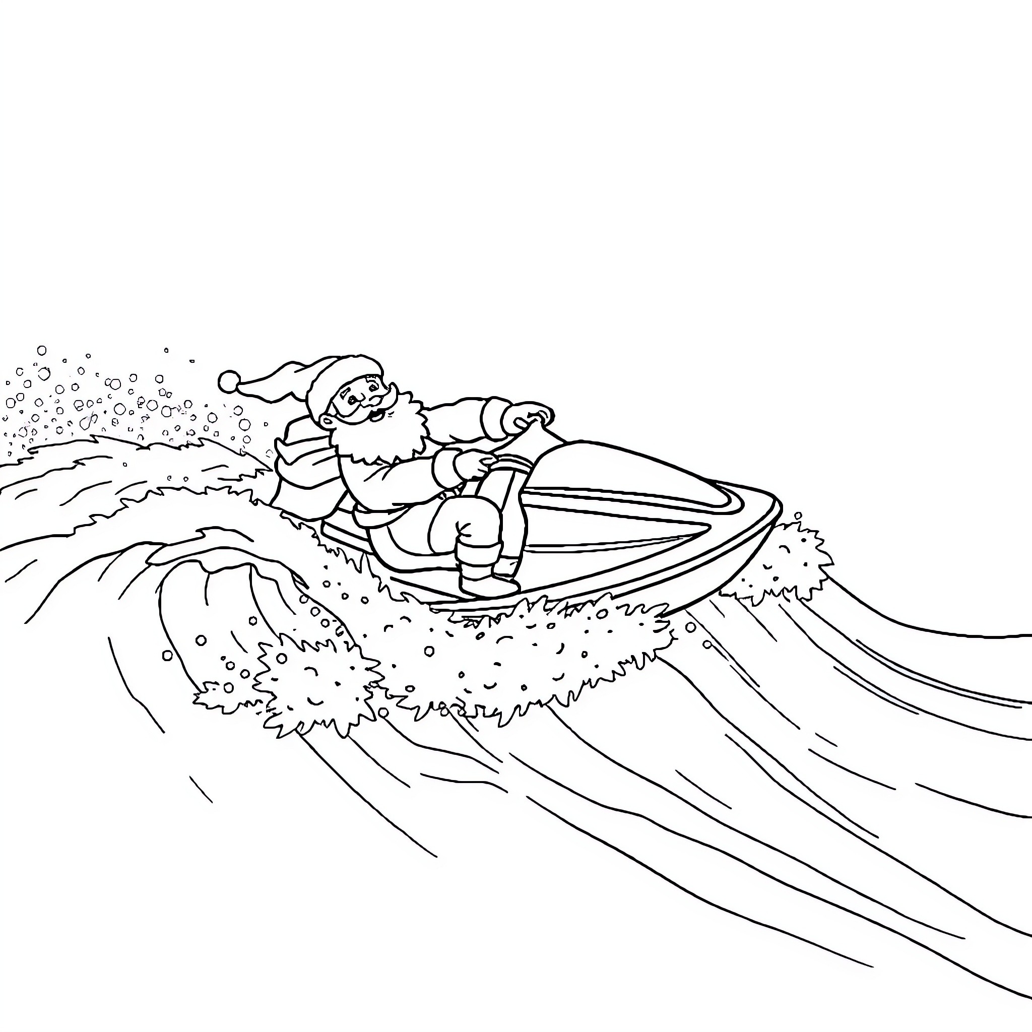 Santa riding a jet ski through waves Coloring Page (free black-and-white line drawing printable PDF for all, from beginners to advanced learners, including children, teens, adults, and seniors)