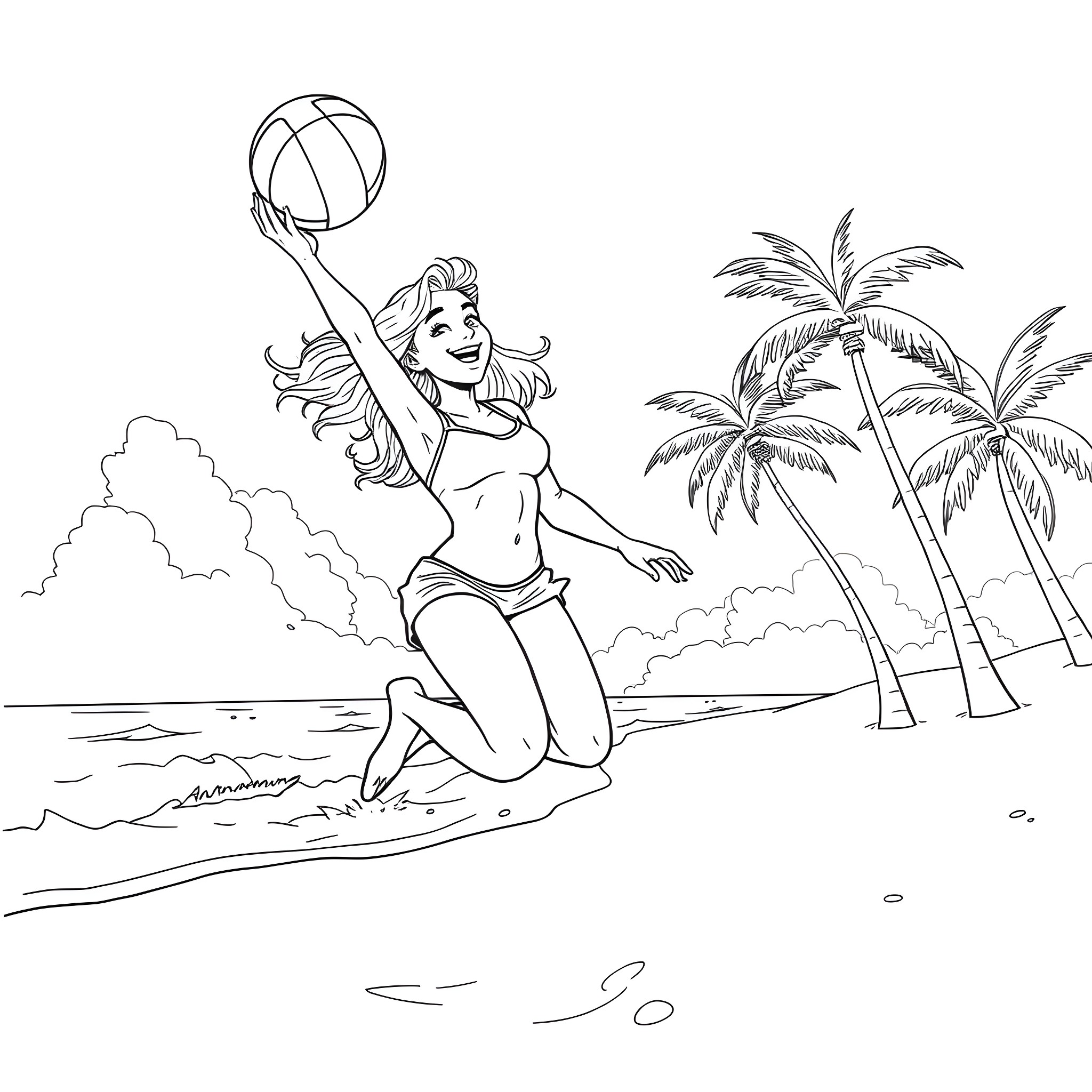 Jesse Jane playing volleyball on the beach Coloring Page (free black-and-white line drawing printable PDF for all, from beginners to advanced learners, including children, teens, adults, and seniors)