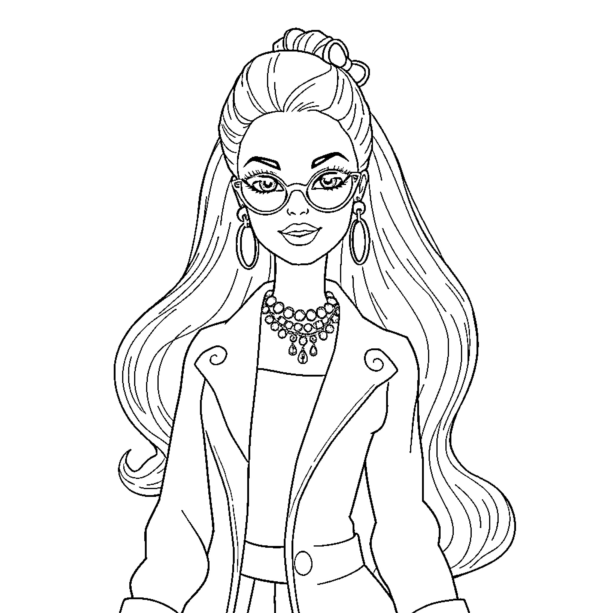 Barbie in Elegant Attire with Accessories Coloring Page (free black-and-white line drawing printable PDF for all, from beginners to advanced learners, including children, teens, adults, and seniors)