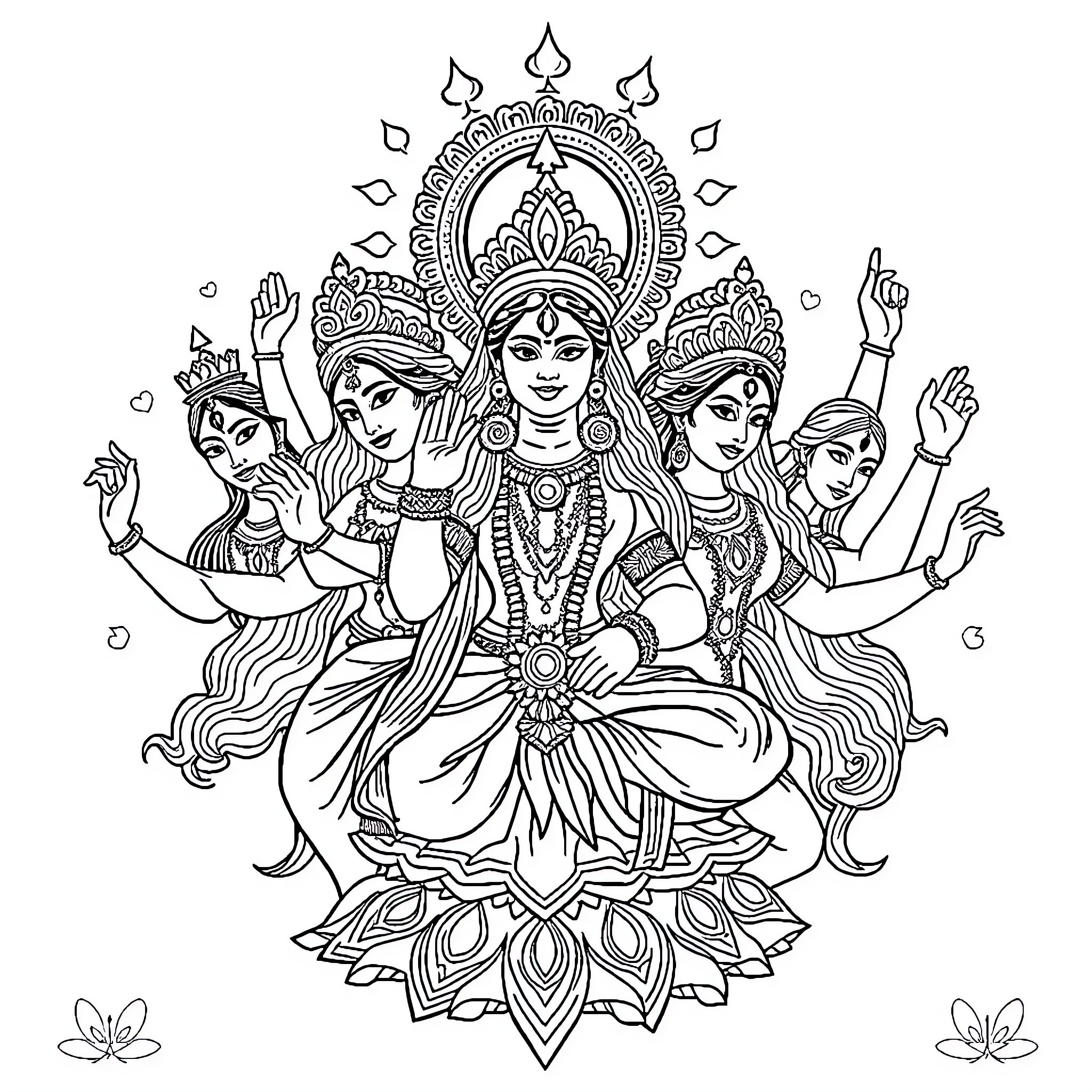 Devi - Intricate Goddess Deities Coloring Page (free black-and-white line drawing printable PDF for all, from beginners to advanced learners, including children, teens, adults, and seniors)