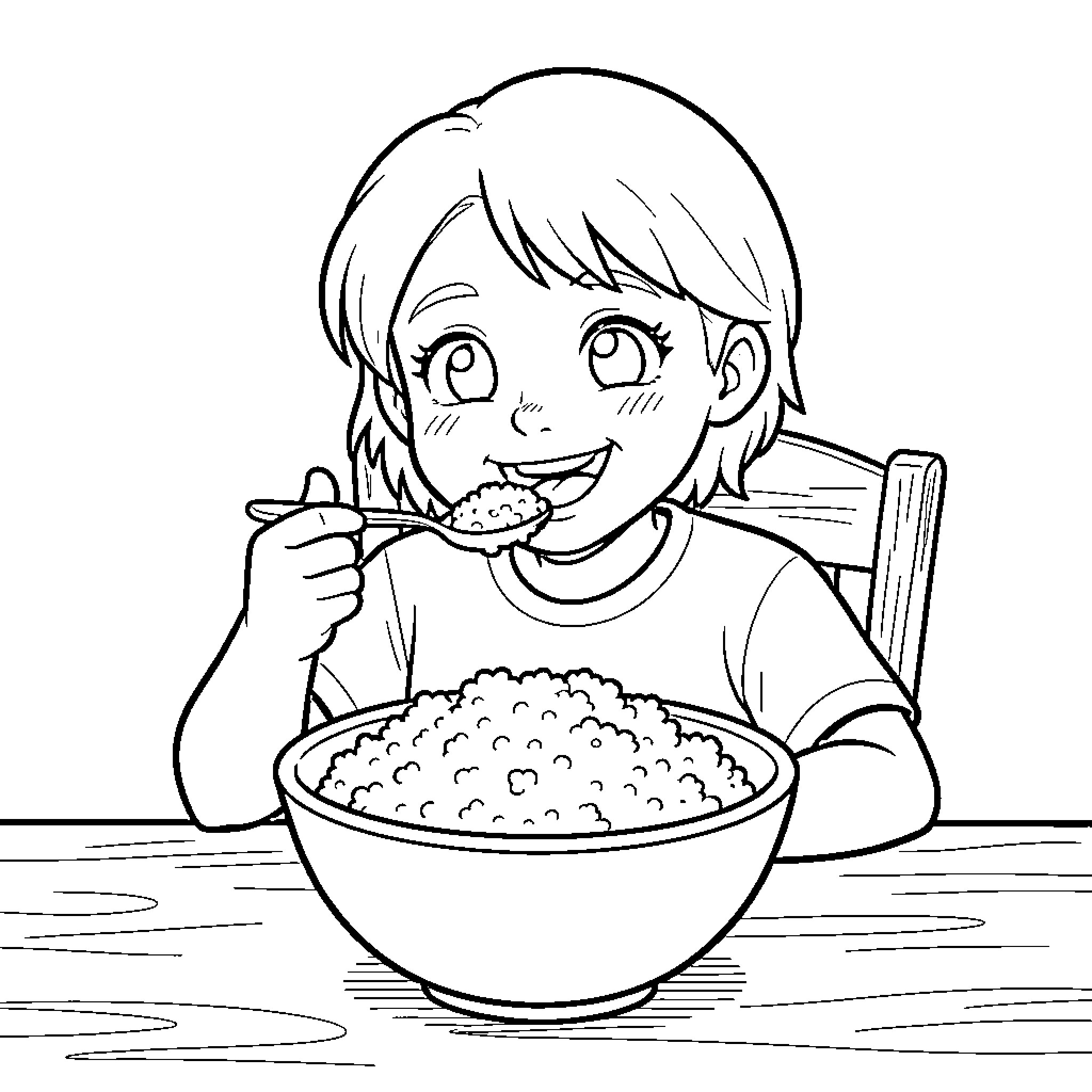Minie Enjoying a Hearty Meal Coloring Page (free black-and-white line drawing printable PDF for all, from beginners to advanced learners, including children, teens, adults, and seniors)