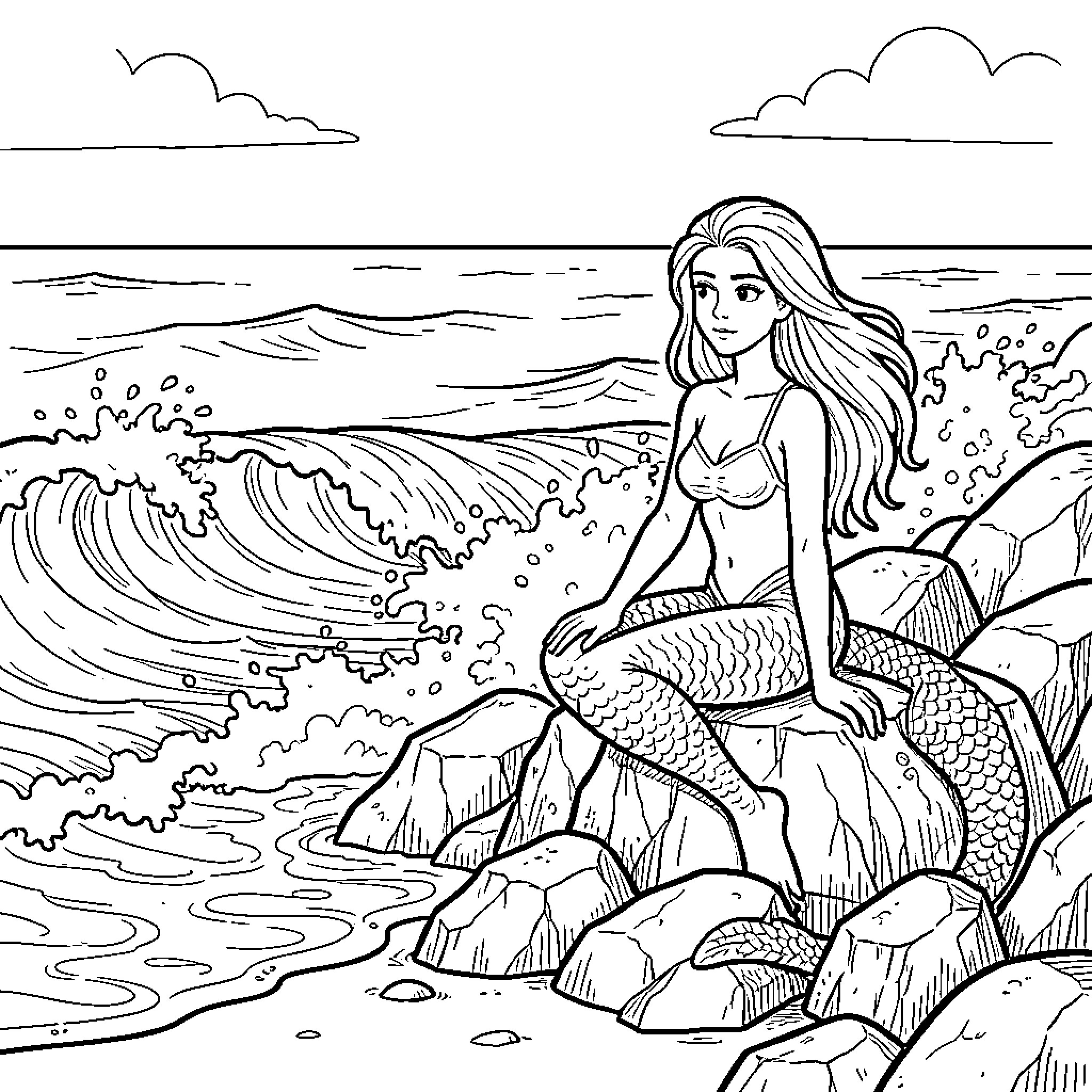 Mermaid sitting peacefully on rocks by the ocean waves Coloring Page (free black-and-white line drawing printable PDF for all, from beginners to advanced learners, including children, teens, adults, and seniors)
