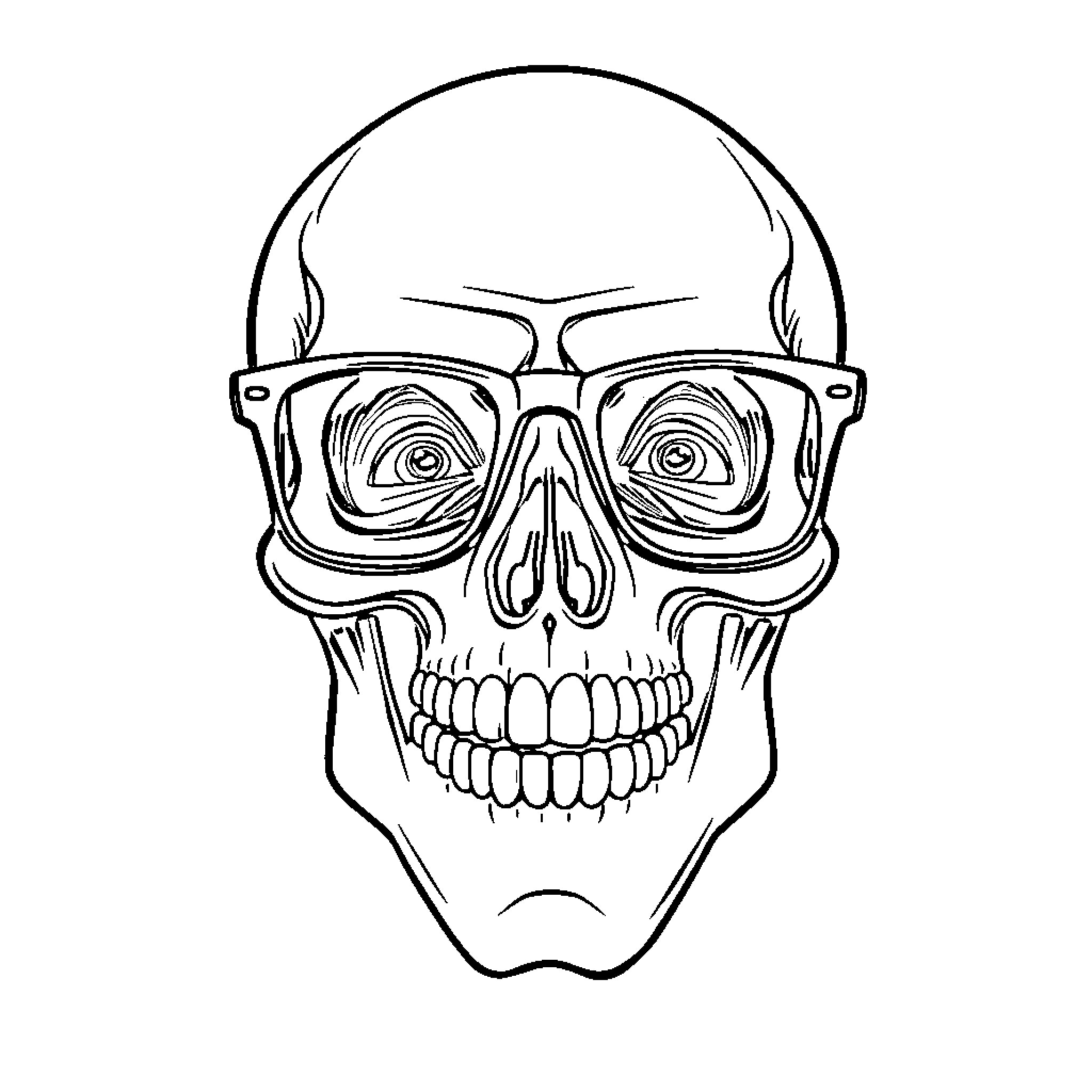 Skull wearing glasses with exaggerated expression Coloring Page (free black-and-white line drawing printable PDF for all, from beginners to advanced learners, including children, teens, adults, and seniors)