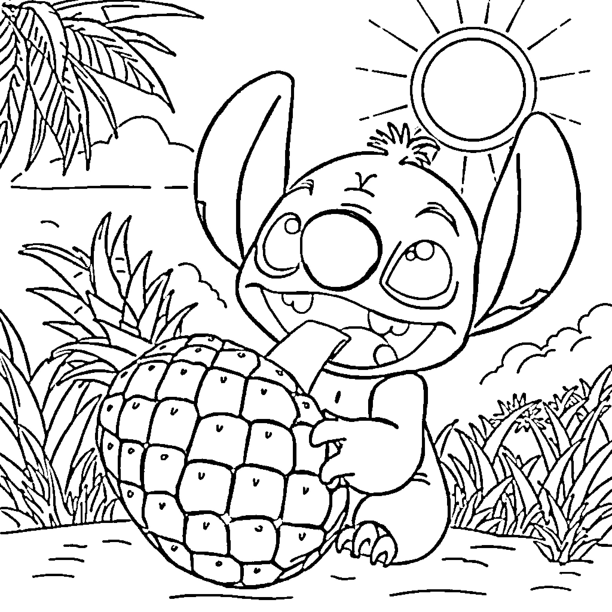 Stitch relaxing on a pineapple in the tropics Coloring Page (free black-and-white line drawing printable PDF for all, from beginners to advanced learners, including children, teens, adults, and seniors)