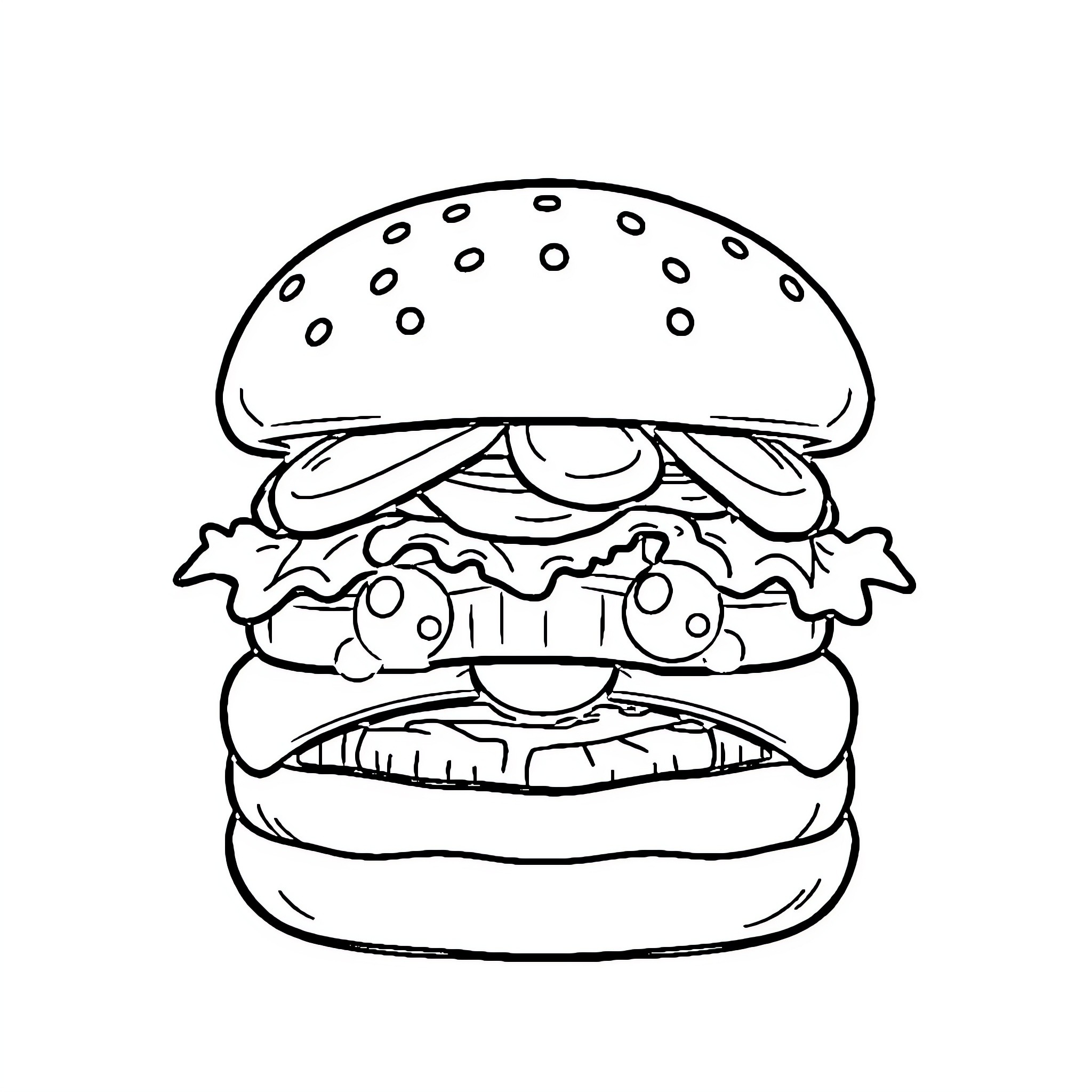 Hamburger with a Silly Expression Coloring Page (free black-and-white line drawing printable PDF for all, from beginners to advanced learners, including children, teens, adults, and seniors)