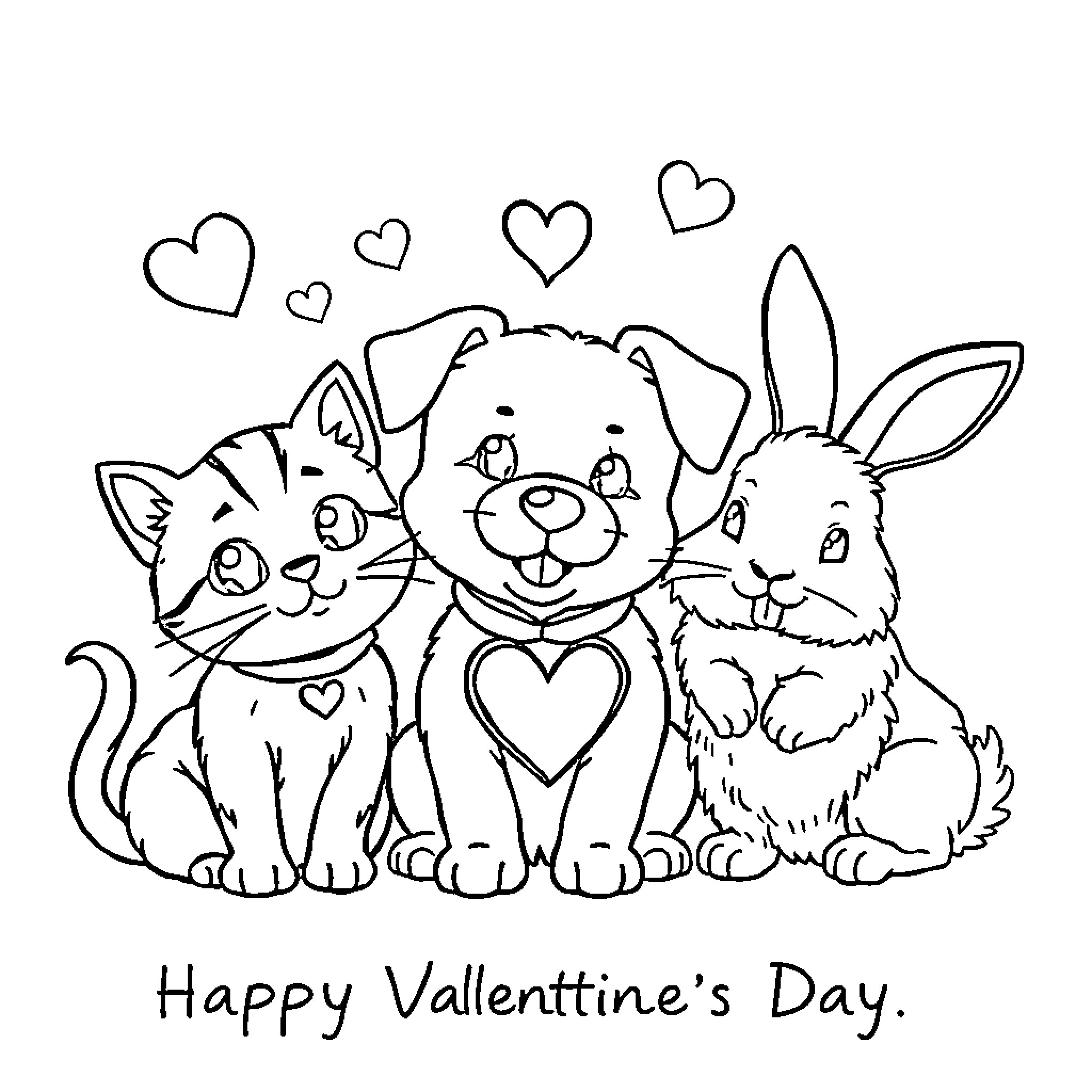 Valentine's Day with Playful Pets Coloring Page (free black-and-white line drawing printable PDF for all, from beginners to advanced learners, including children, teens, adults, and seniors)