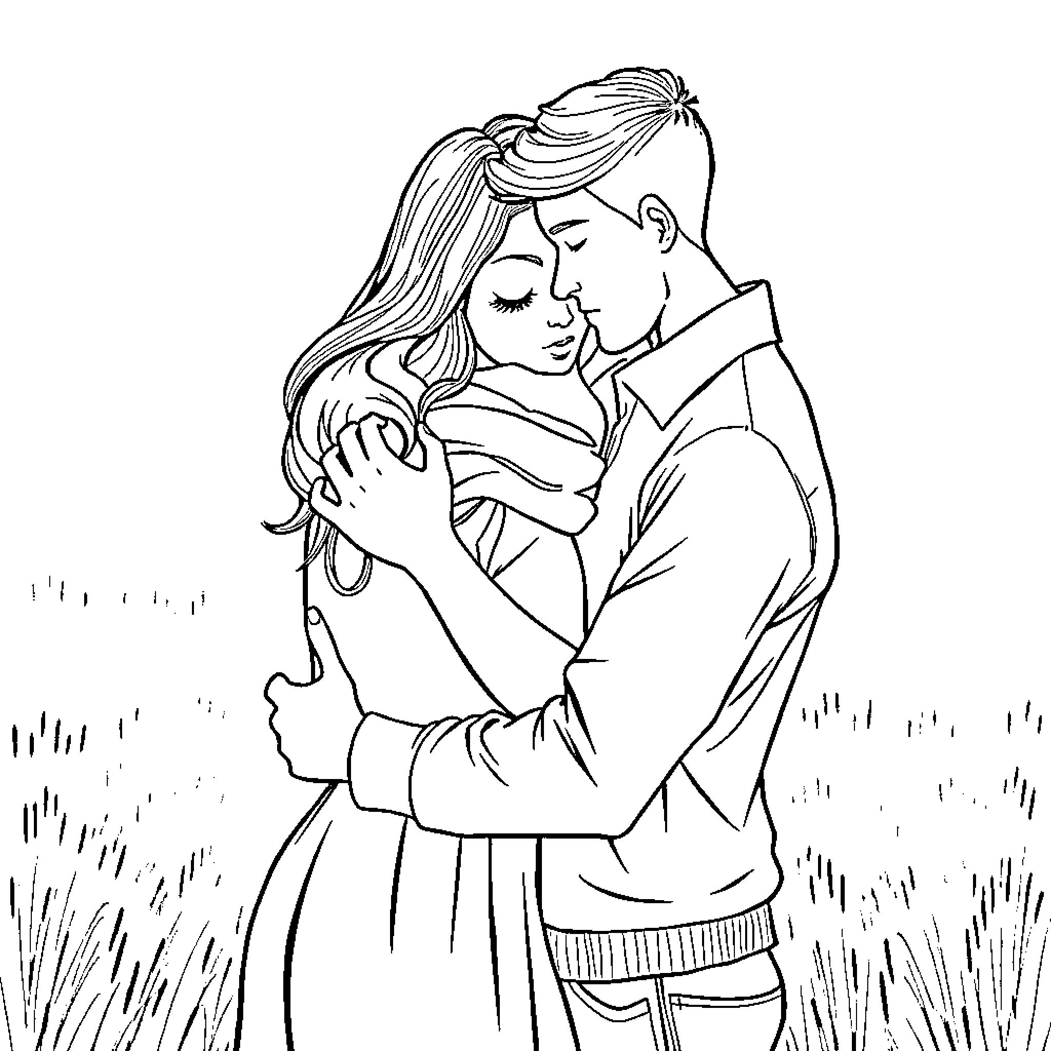 Couple embracing lovingly in a field Coloring Page (free black-and-white line drawing printable PDF for all, from beginners to advanced learners, including children, teens, adults, and seniors)