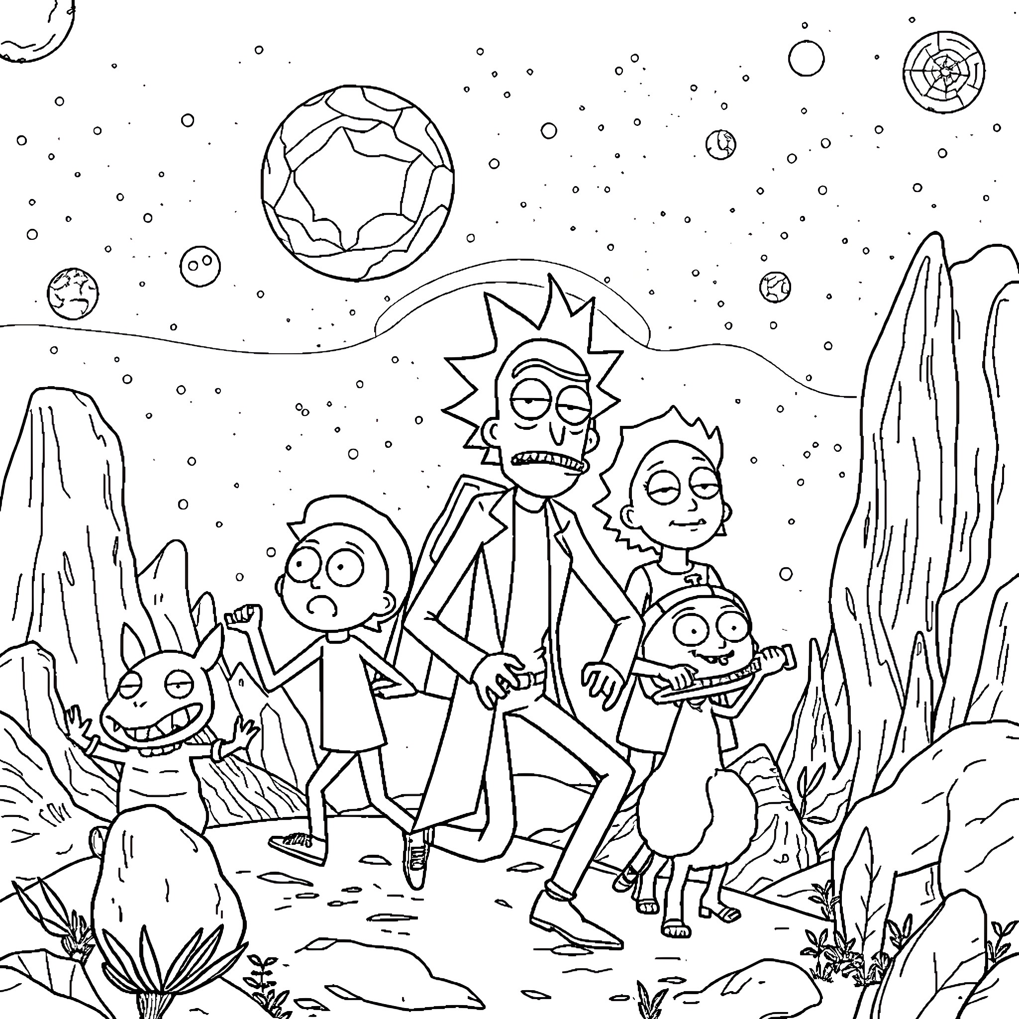 Rick And Morty Explore Surreal Alien Landscape Coloring Page (free black-and-white line drawing printable PDF for all, from beginners to advanced learners, including children, teens, adults, and seniors)