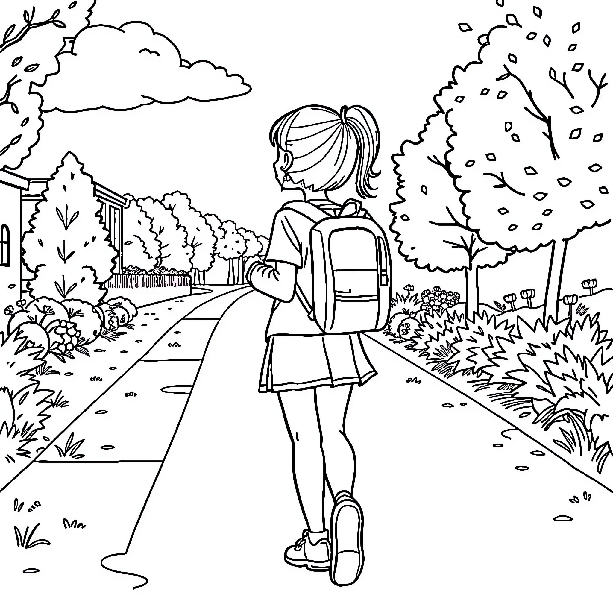 Girl walking on path in nature scene Coloring Page (free black-and-white line drawing printable PDF for all, from beginners to advanced learners, including children, teens, adults, and seniors)