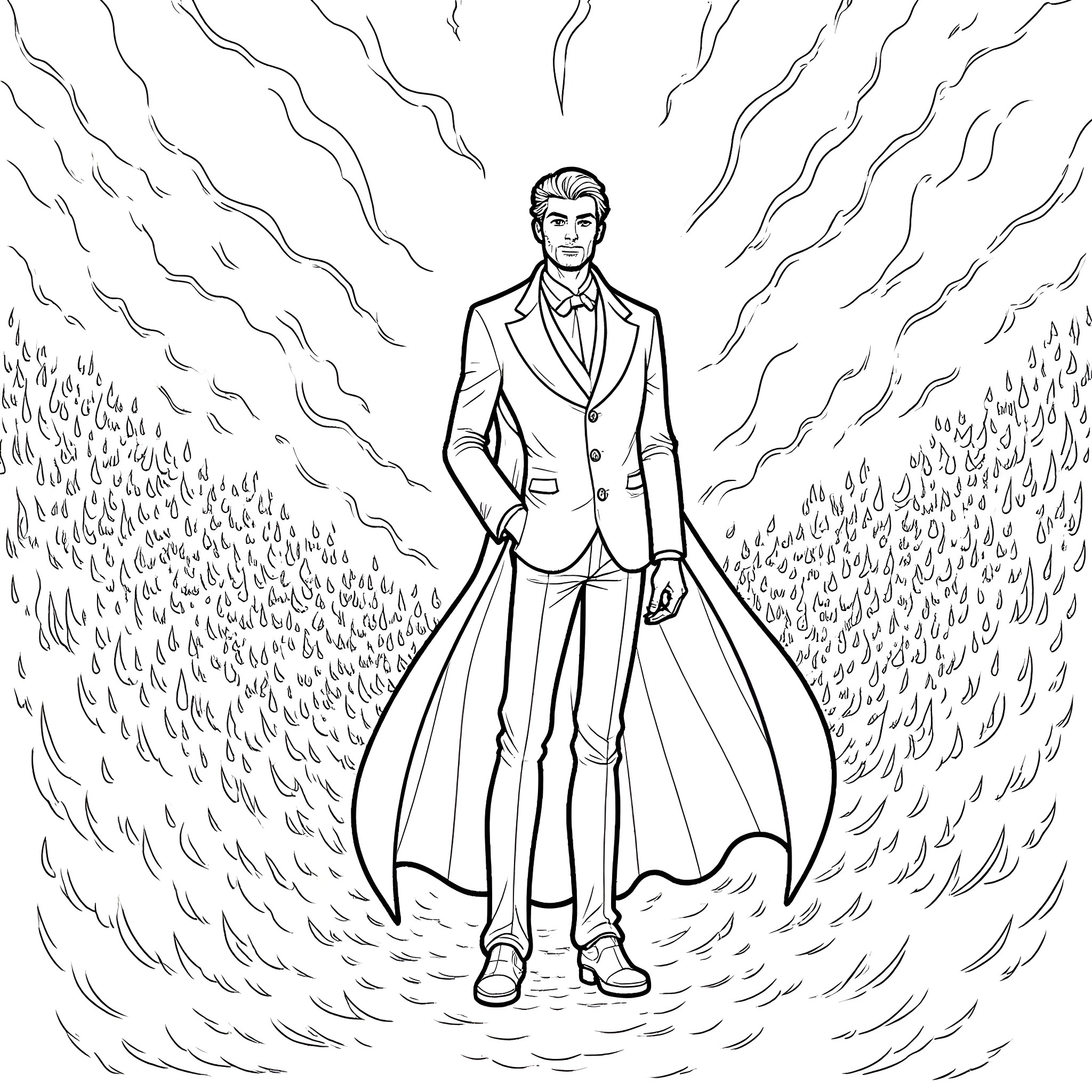 John Constantine's Supernatural Encounter Coloring Page (free black-and-white line drawing printable PDF for all, from beginners to advanced learners, including children, teens, adults, and seniors)
