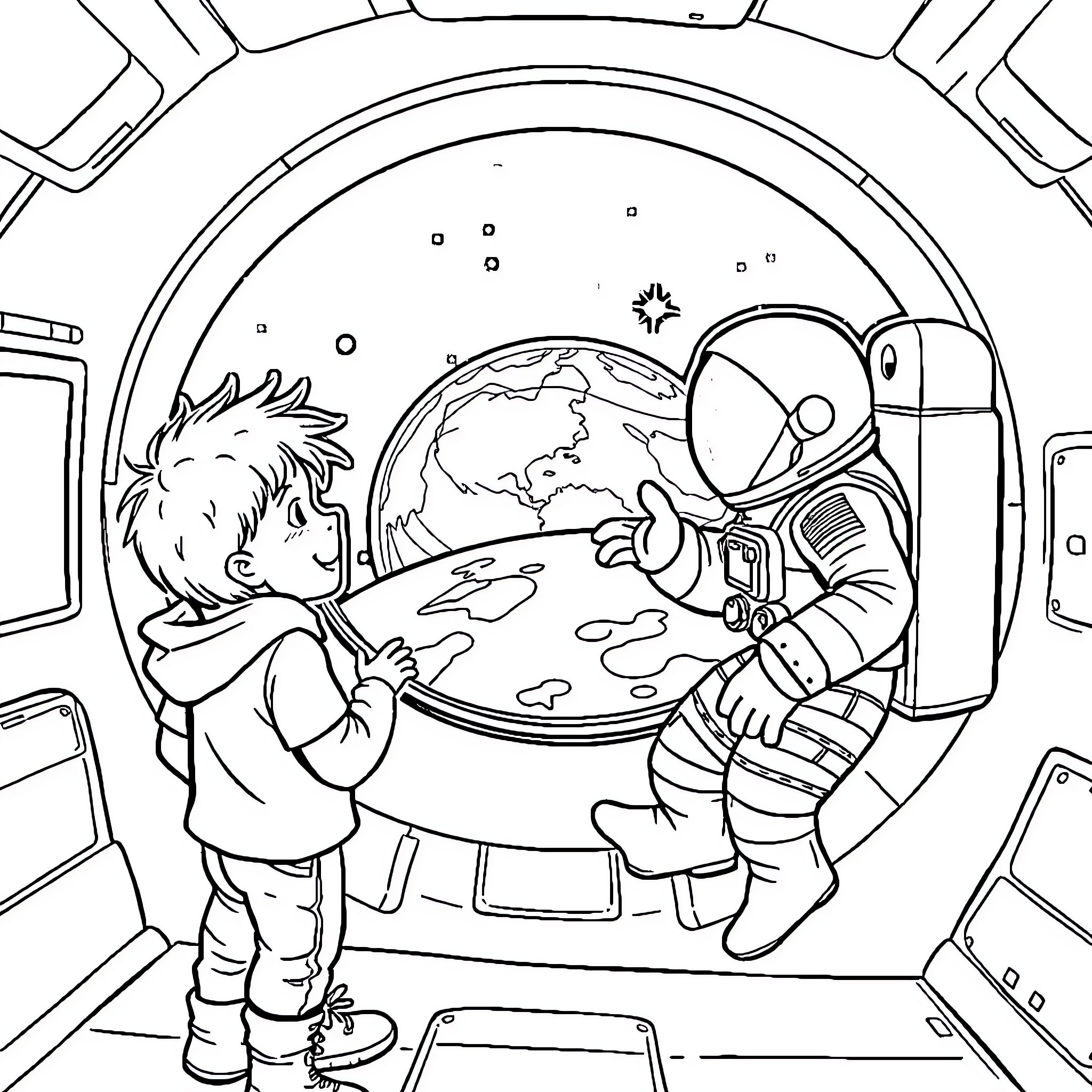 Kids Exploring the Earth with an Astronaut Coloring Page (free black-and-white line drawing printable PDF for all, from beginners to advanced learners, including children, teens, adults, and seniors)