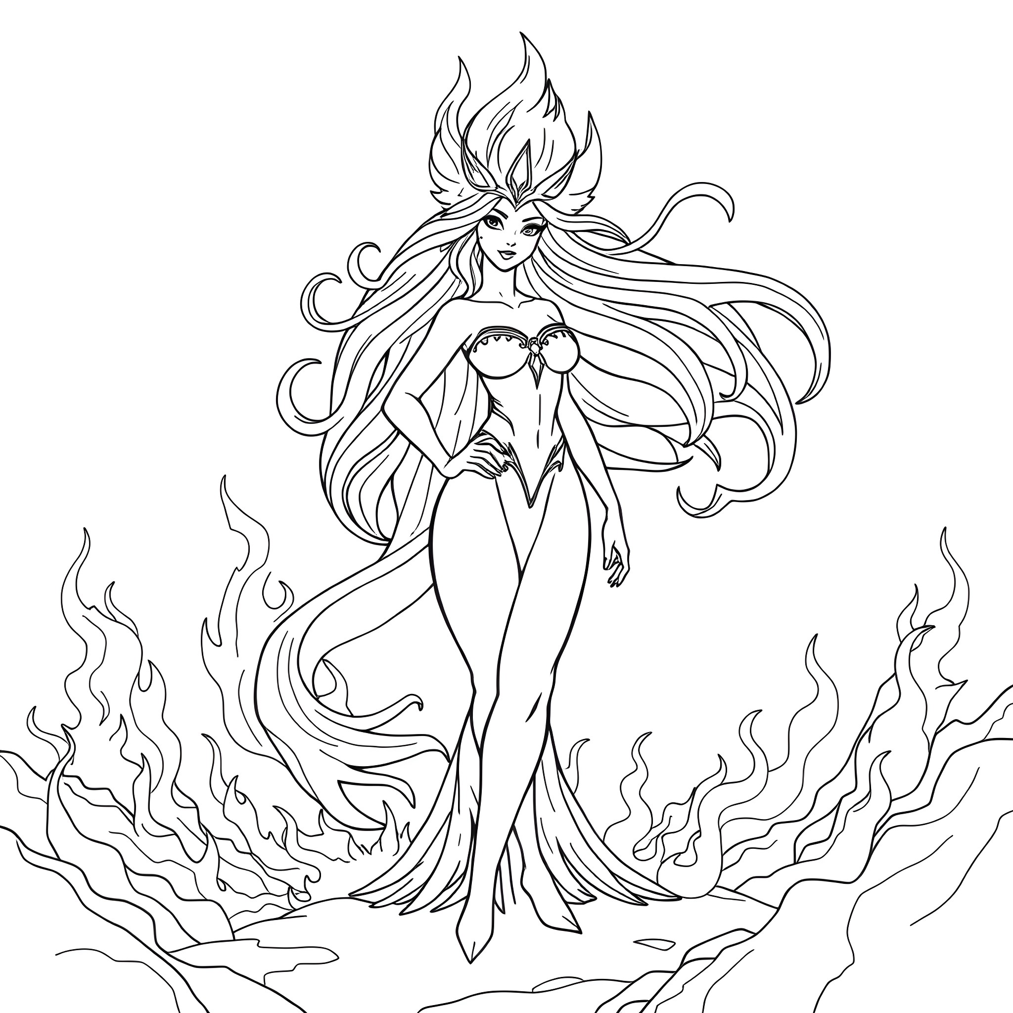 Flame Princess in Fiery Enchantment Coloring Page (free black-and-white line drawing printable PDF for all, from beginners to advanced learners, including children, teens, adults, and seniors)