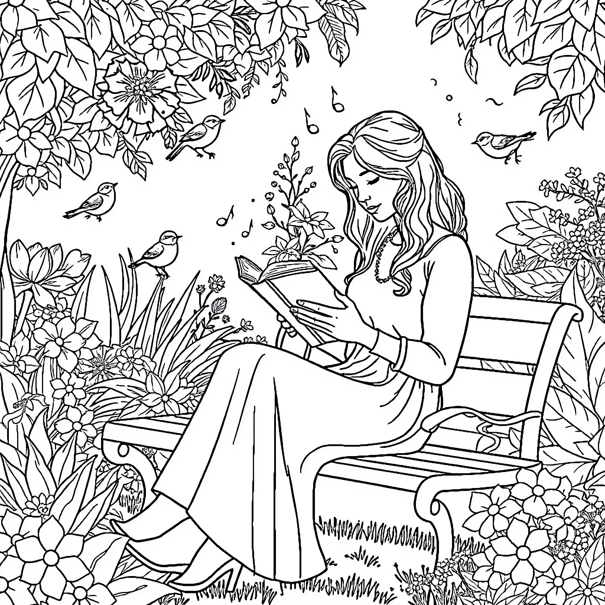 Woman reading a book in a flowery garden Coloring Page (free black-and-white line drawing printable PDF for all, from beginners to advanced learners, including children, teens, adults, and seniors)
