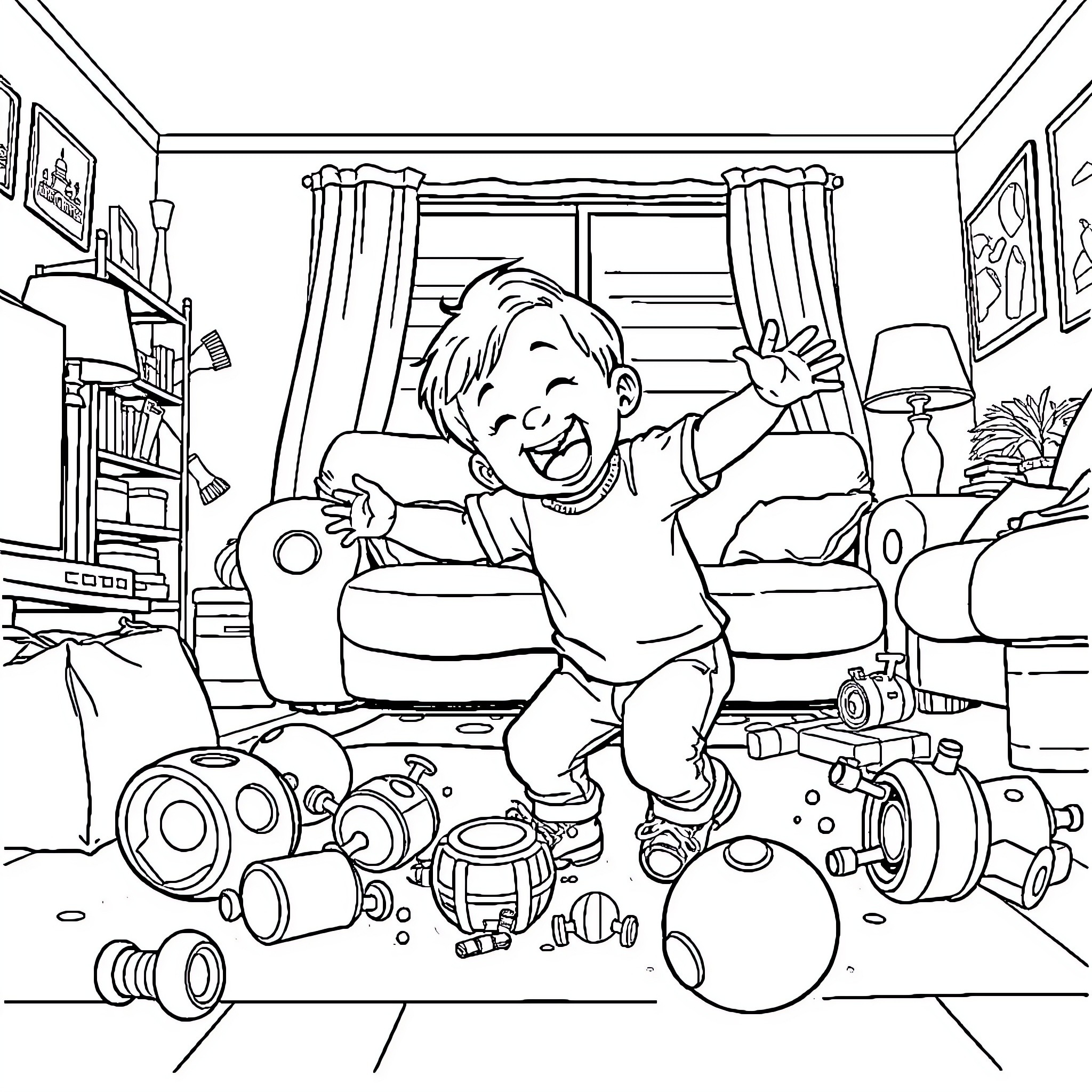 Toddler playing with toys in messy room Coloring Page (free black-and-white line drawing printable PDF for all, from beginners to advanced learners, including children, teens, adults, and seniors)