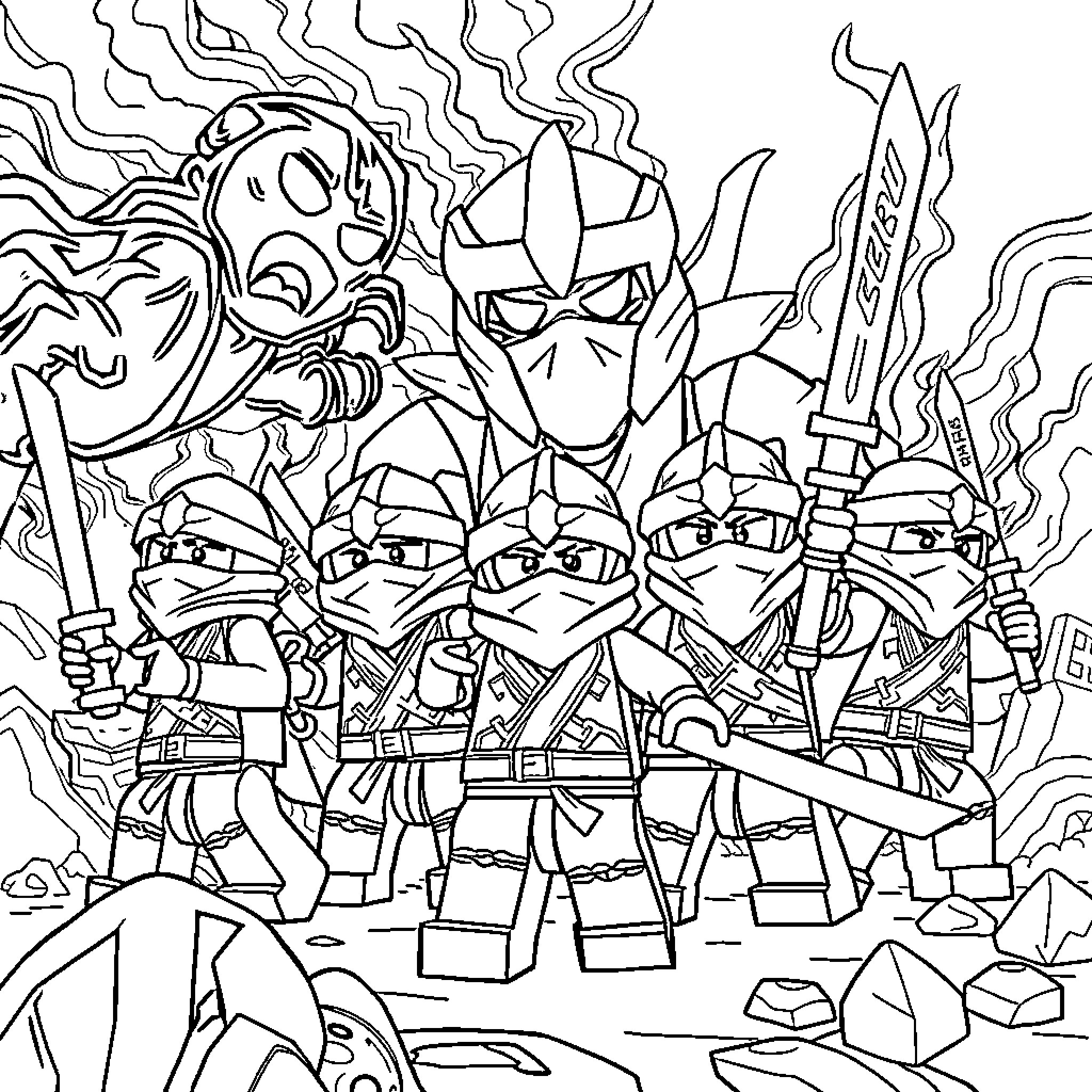 Ninjago Heroes in Fierce Battle Coloring Page (free black-and-white line drawing printable PDF for all, from beginners to advanced learners, including children, teens, adults, and seniors)