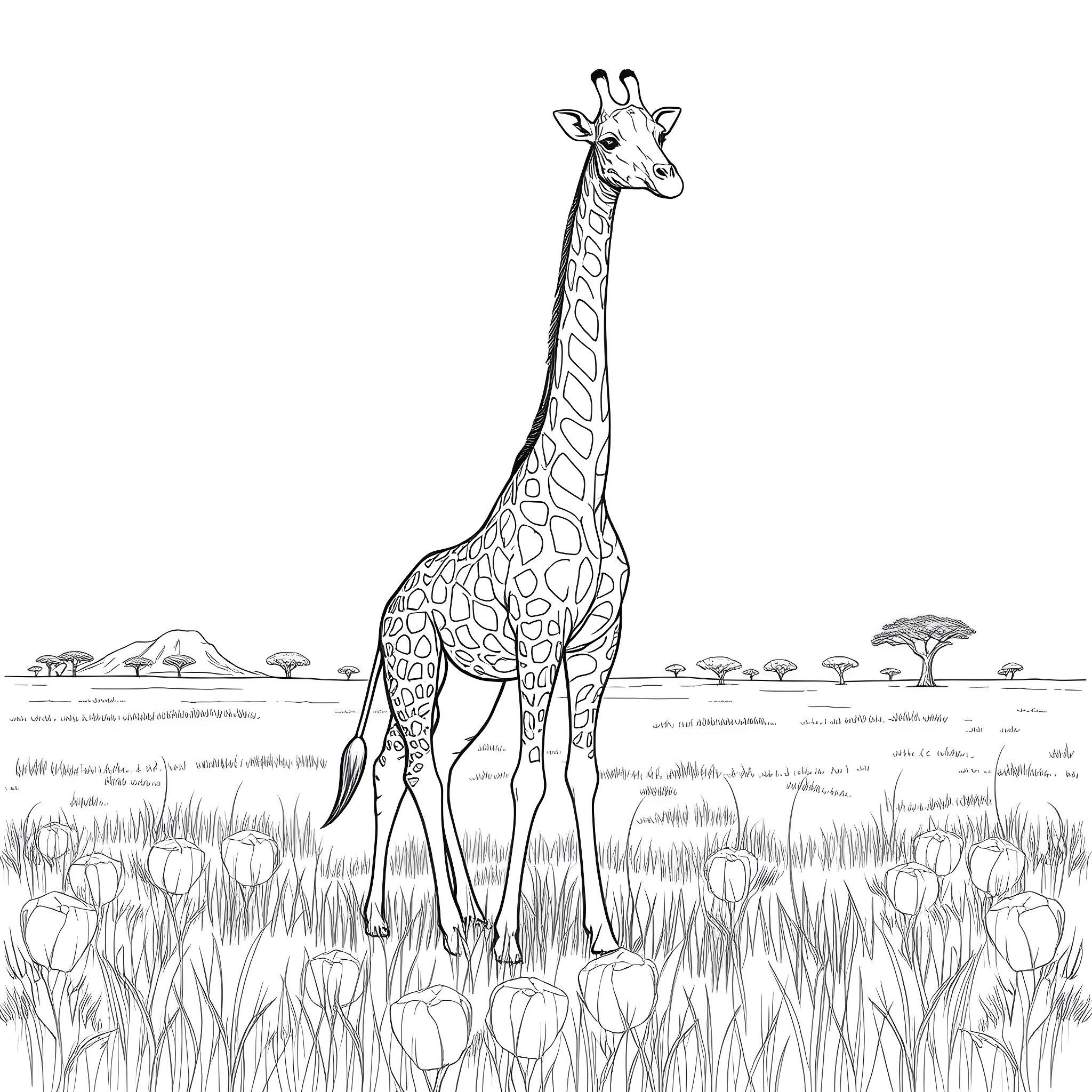 Giraffe standing tall in the African savanna Coloring Page (free black-and-white line drawing printable PDF for all, from beginners to advanced learners, including children, teens, adults, and seniors)