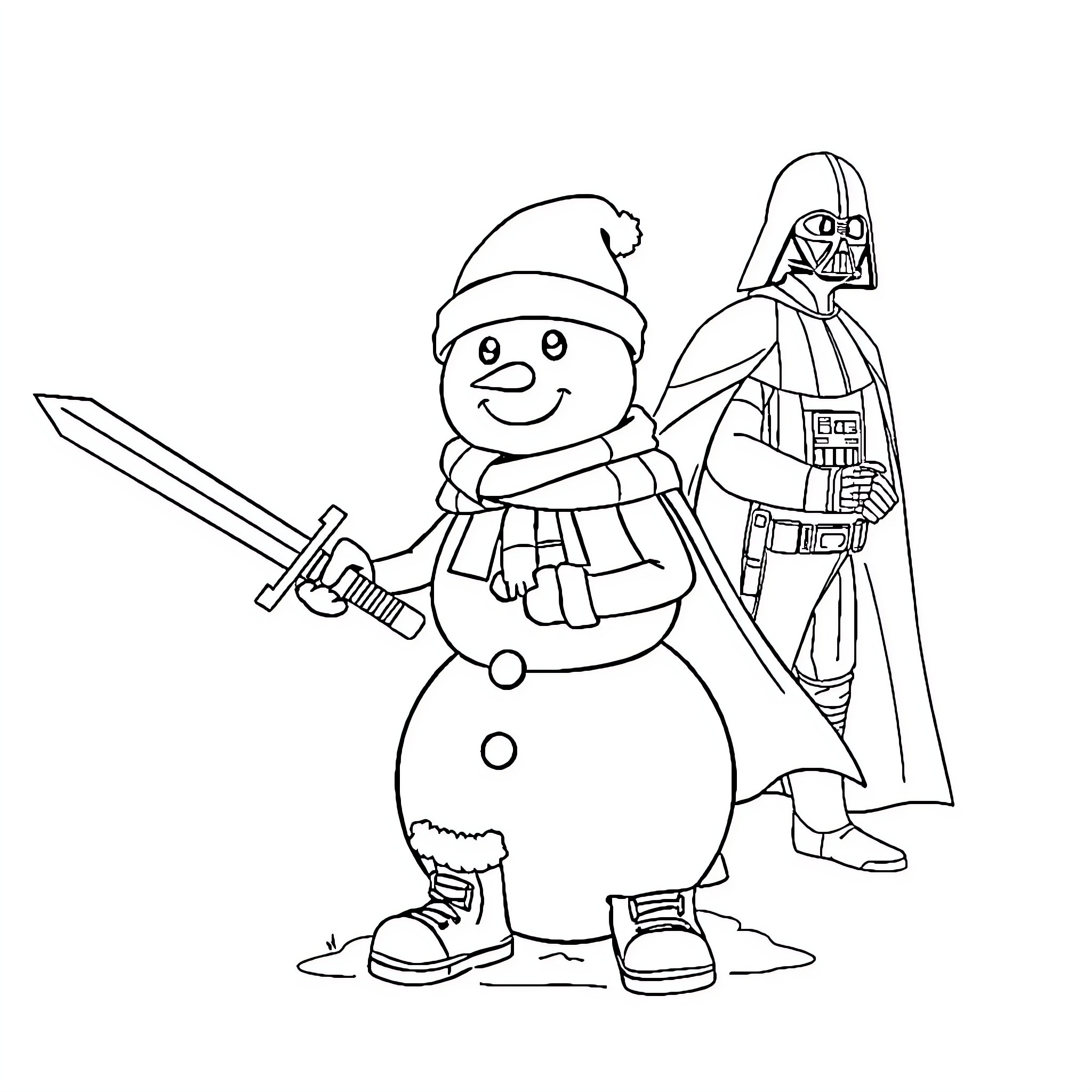Snowman and Darth Vader Enjoying Winter Fun Coloring Page (free black-and-white line drawing printable PDF for all, from beginners to advanced learners, including children, teens, adults, and seniors)