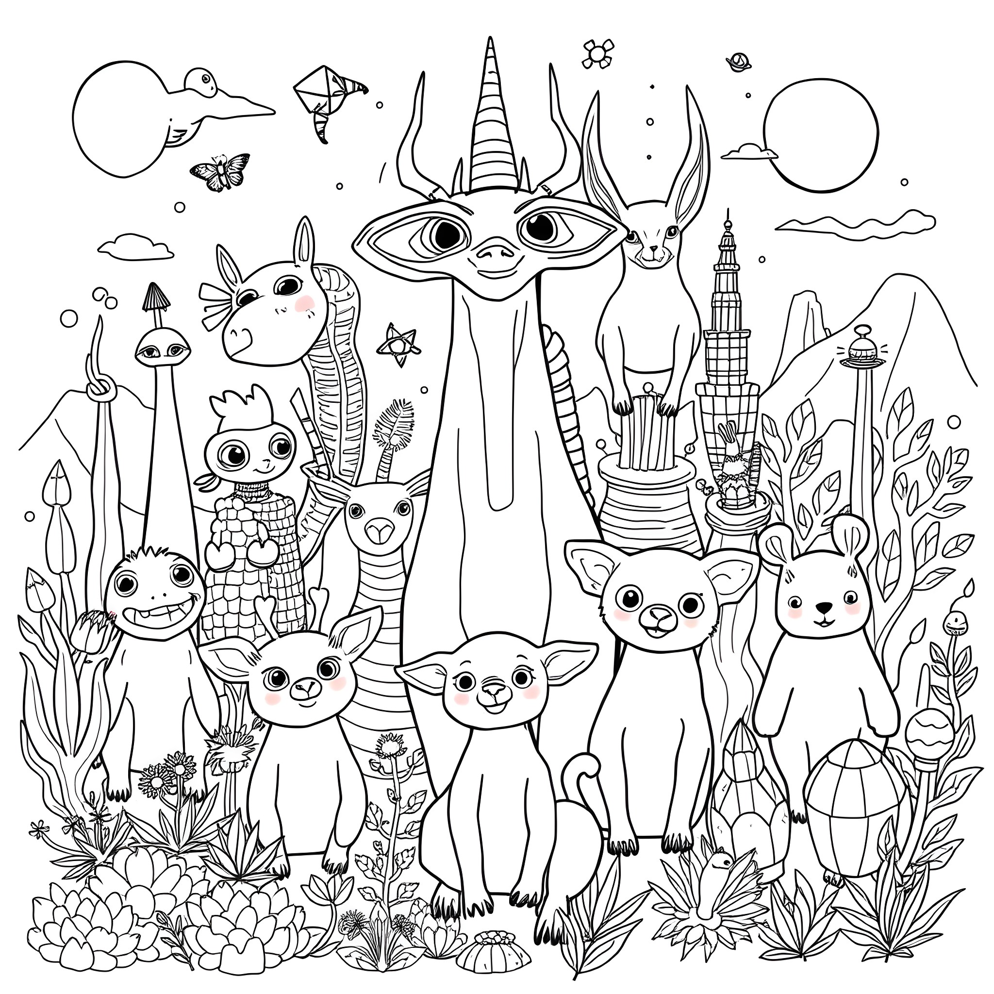 Animal Kingdom of Whimsical Creatures Coloring Page (free black-and-white line drawing printable PDF for all, from beginners to advanced learners, including children, teens, adults, and seniors)