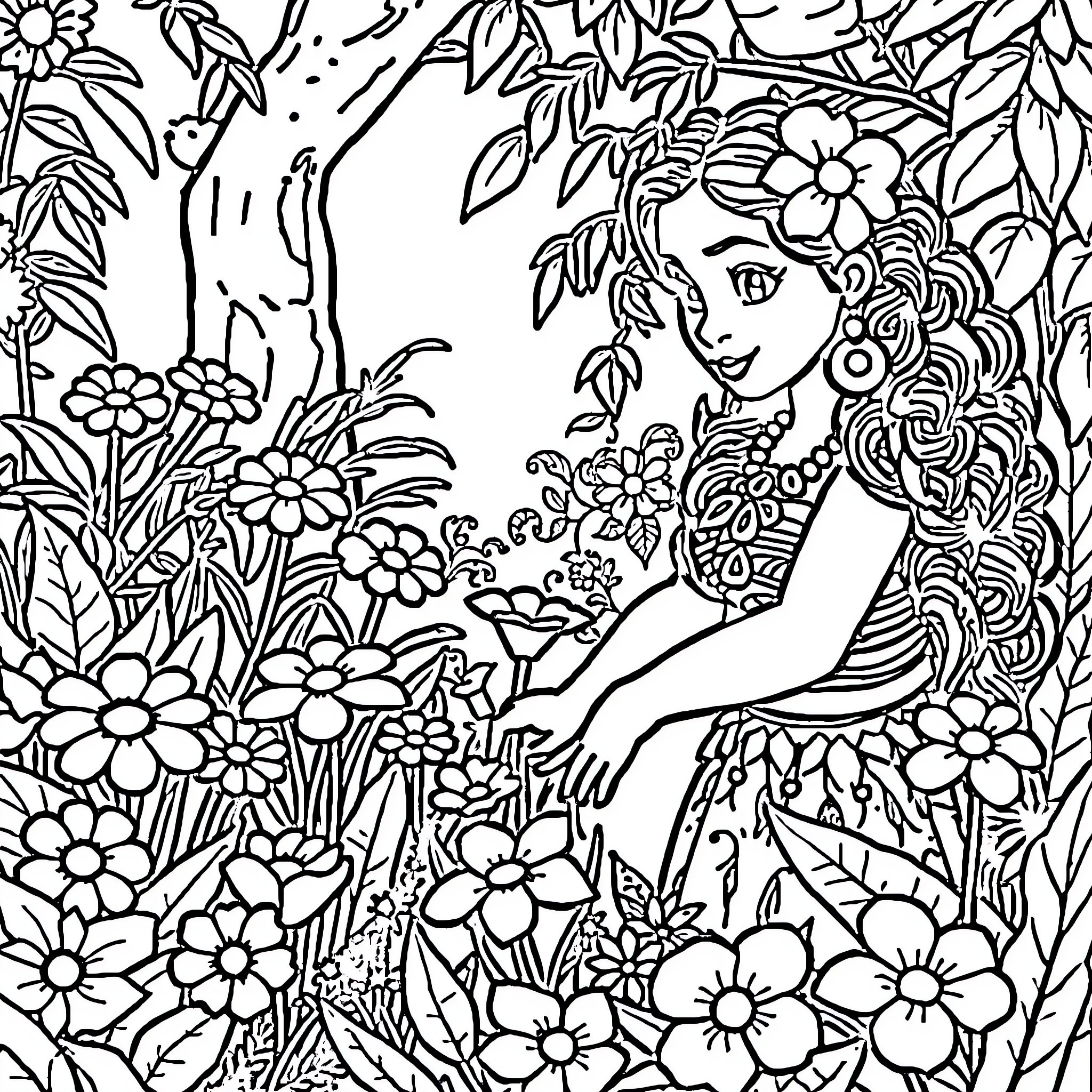 Moana amidst a lush floral scene Coloring Page (free black-and-white line drawing printable PDF for all, from beginners to advanced learners, including children, teens, adults, and seniors)