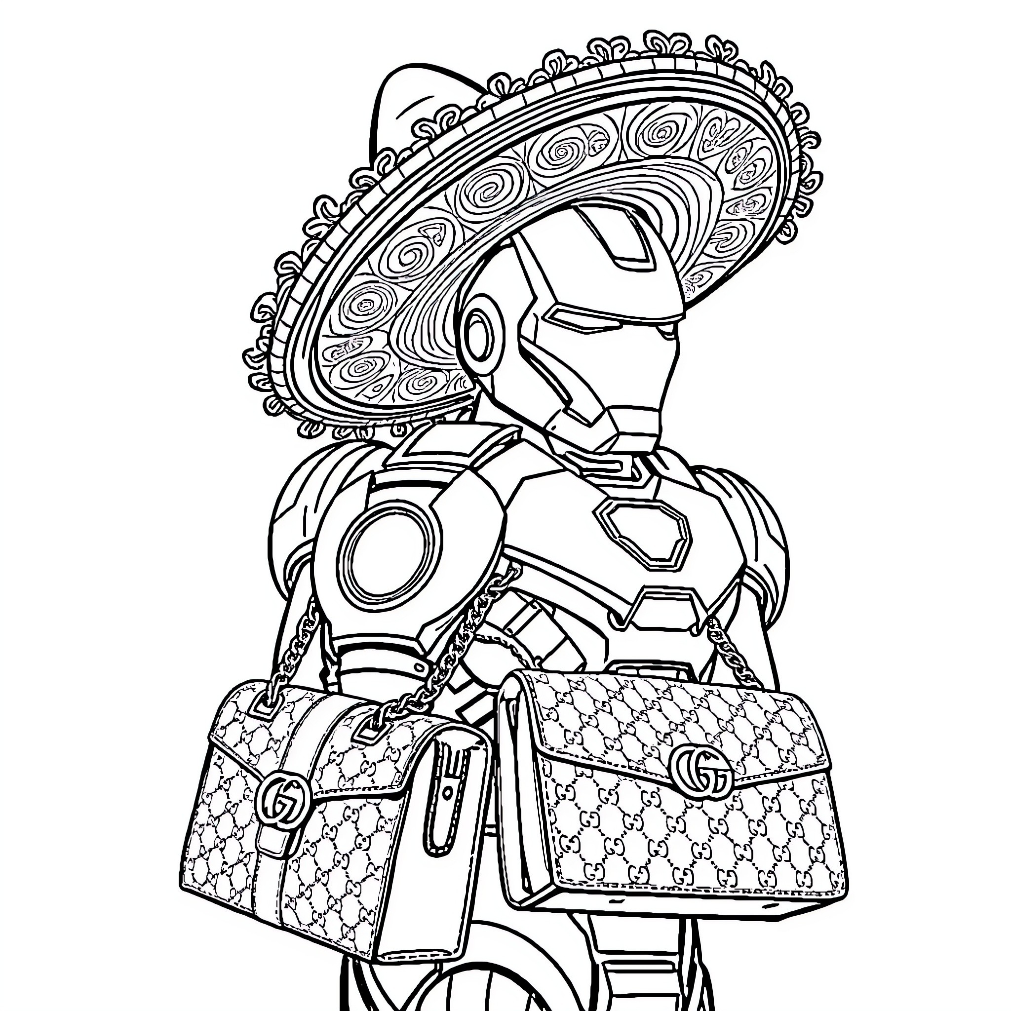 Iron Man in Ornate Mariachi Costume Holding Patterned Bags Coloring Page (free black-and-white line drawing printable PDF for all, from beginners to advanced learners, including children, teens, adults, and seniors)