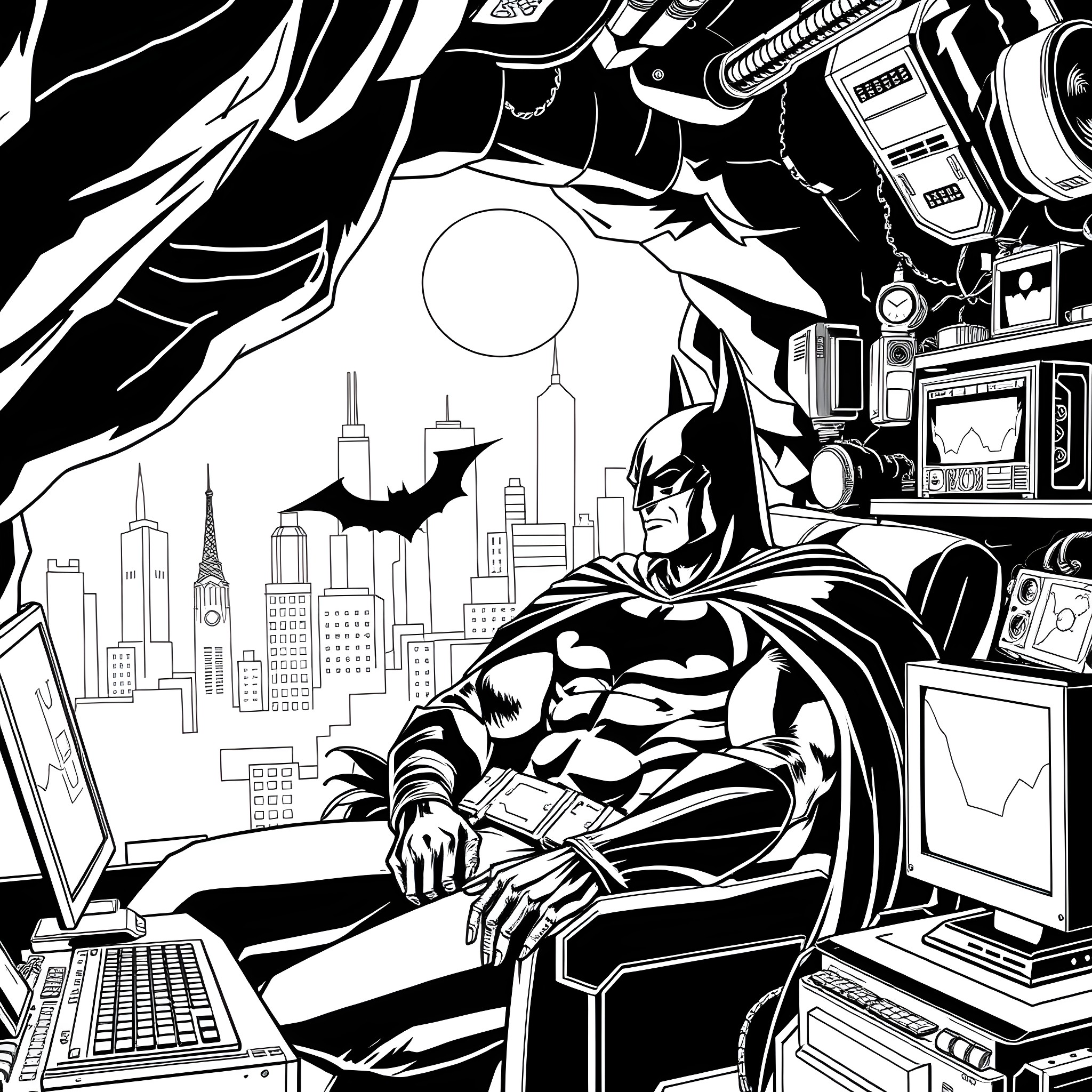 Batman monitoring the Gotham City skyline from his Batcave Coloring Page (free black-and-white line drawing printable PDF for all, from beginners to advanced learners, including children, teens, adults, and seniors)