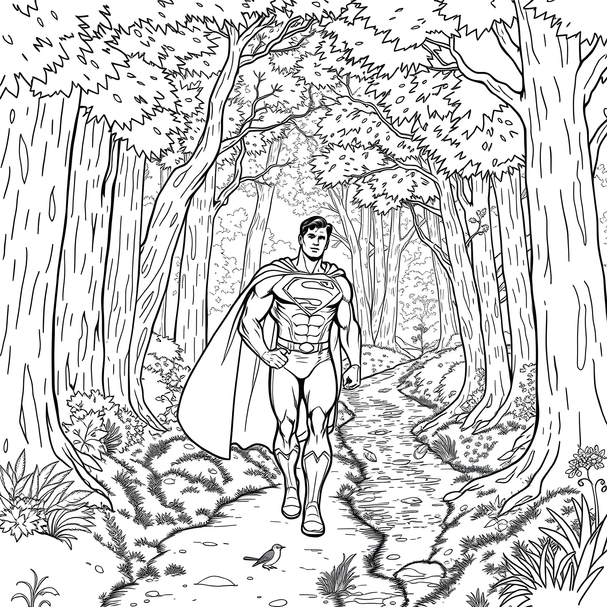 Superman flying through the enchanted forest Coloring Page (free black-and-white line drawing printable PDF for all, from beginners to advanced learners, including children, teens, adults, and seniors)