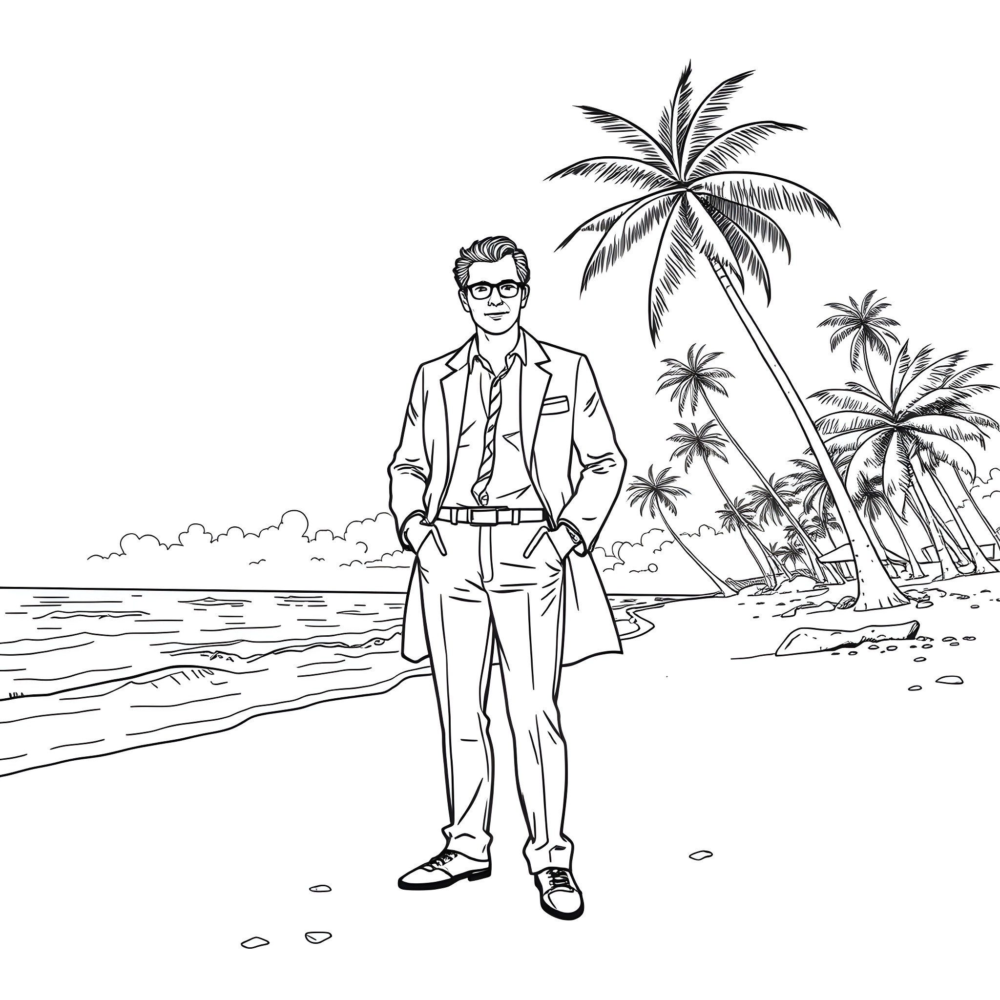 Dr. Peter Venkman enjoying a casual day on the beach Coloring Page (free black-and-white line drawing printable PDF for all, from beginners to advanced learners, including children, teens, adults, and seniors)