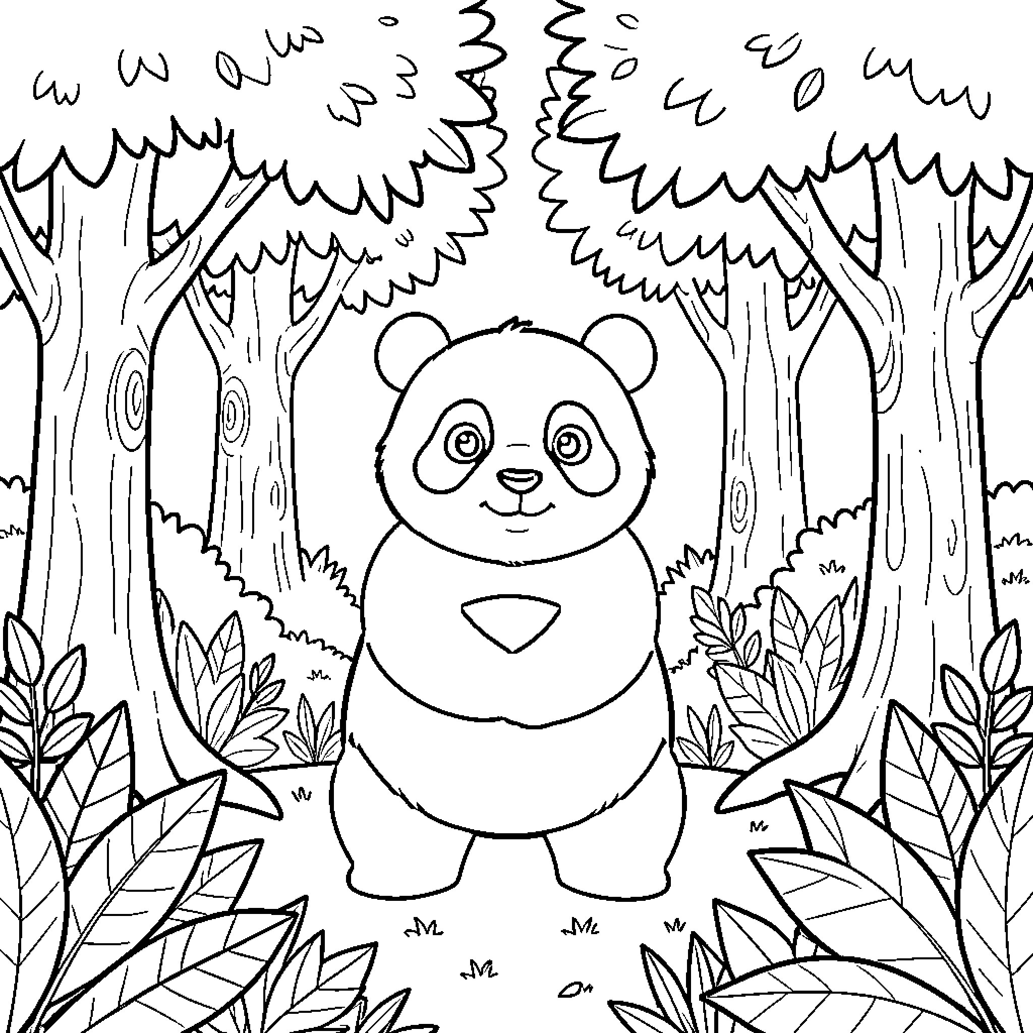 Panda enjoying nature in forest Coloring Page (free black-and-white line drawing printable PDF for all, from beginners to advanced learners, including children, teens, adults, and seniors)