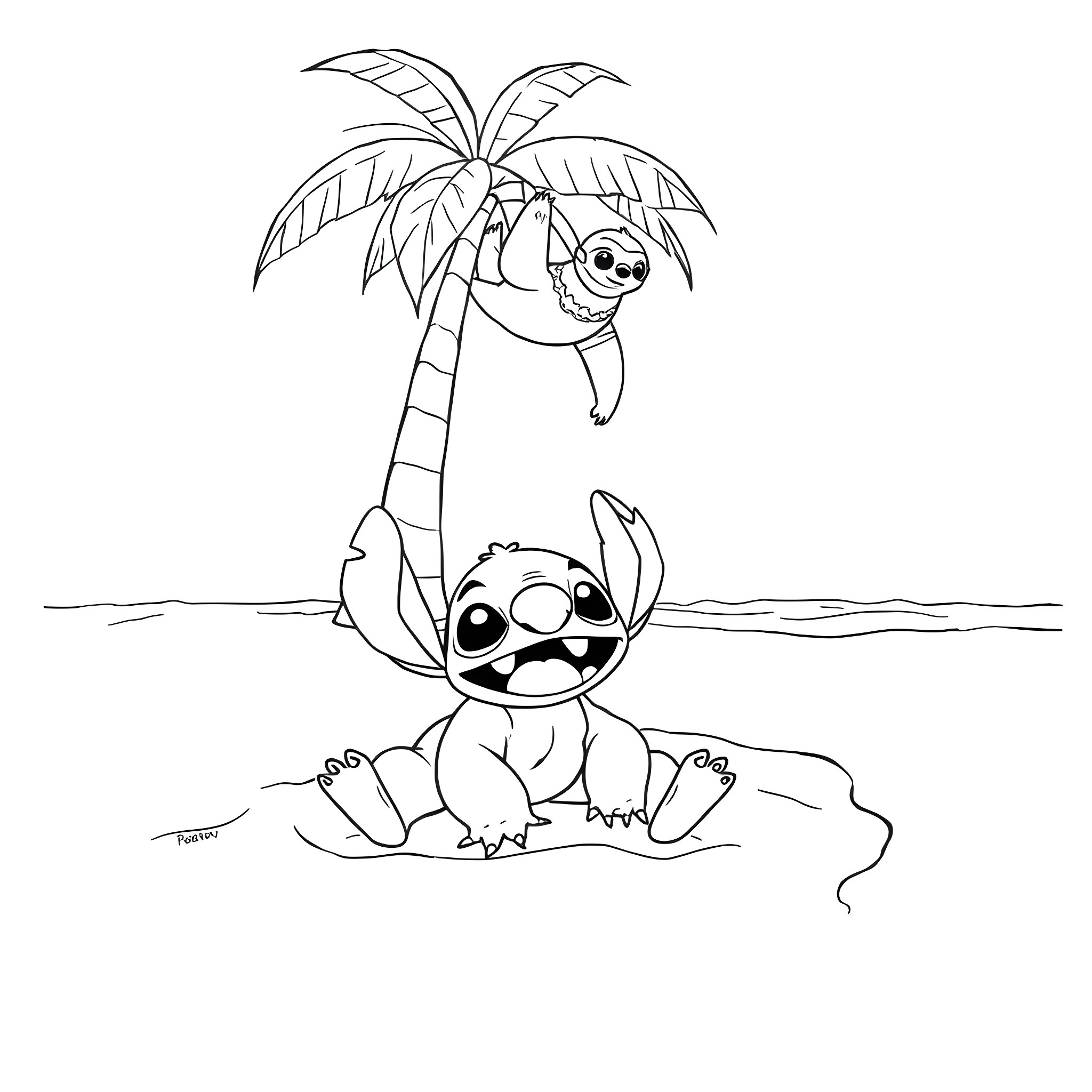 Stitch relaxing under a palm tree on the beach Coloring Page (free black-and-white line drawing printable PDF for all, from beginners to advanced learners, including children, teens, adults, and seniors)