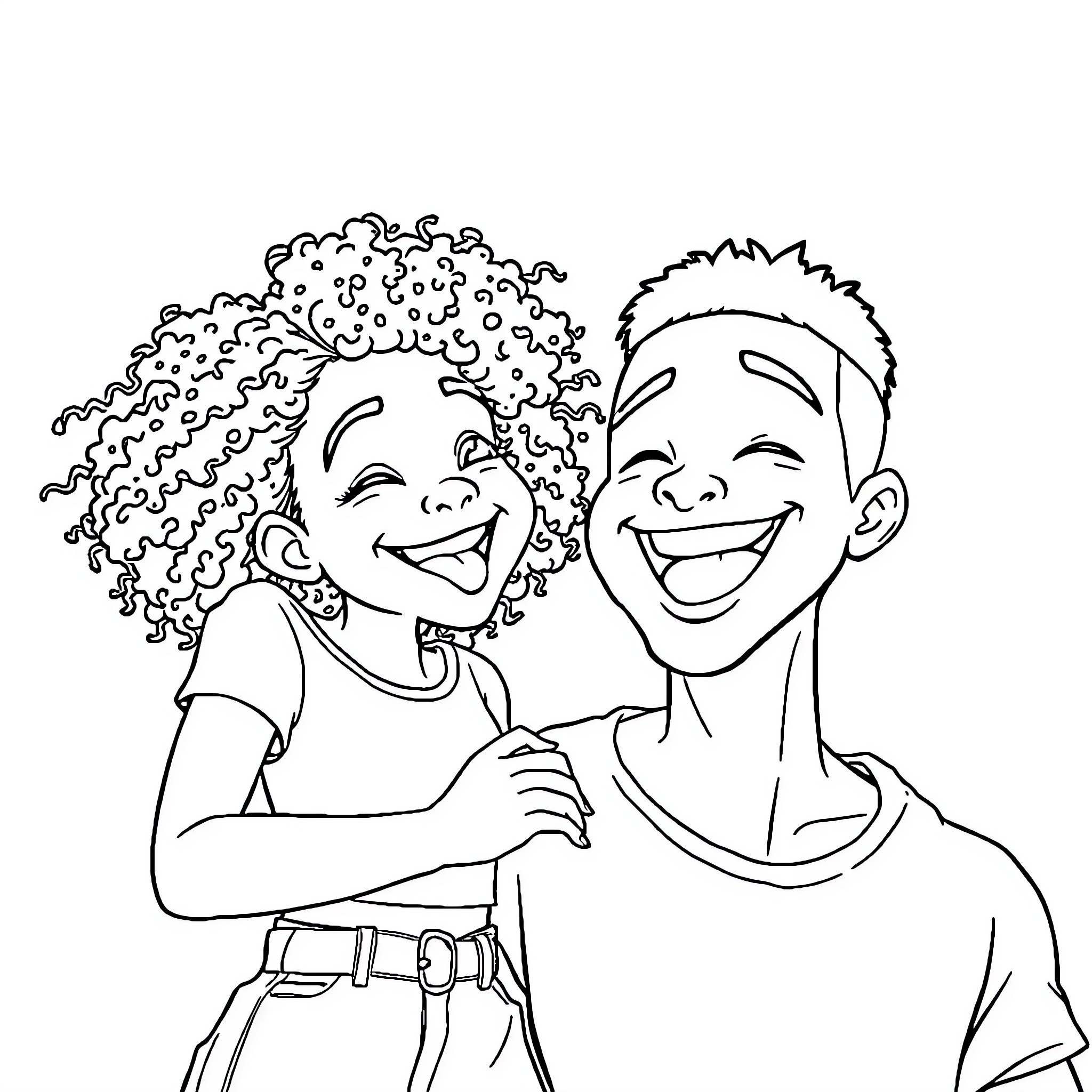 Girl and Boy Sharing a Joyful Moment Coloring Page (free black-and-white line drawing printable PDF for all, from beginners to advanced learners, including children, teens, adults, and seniors)