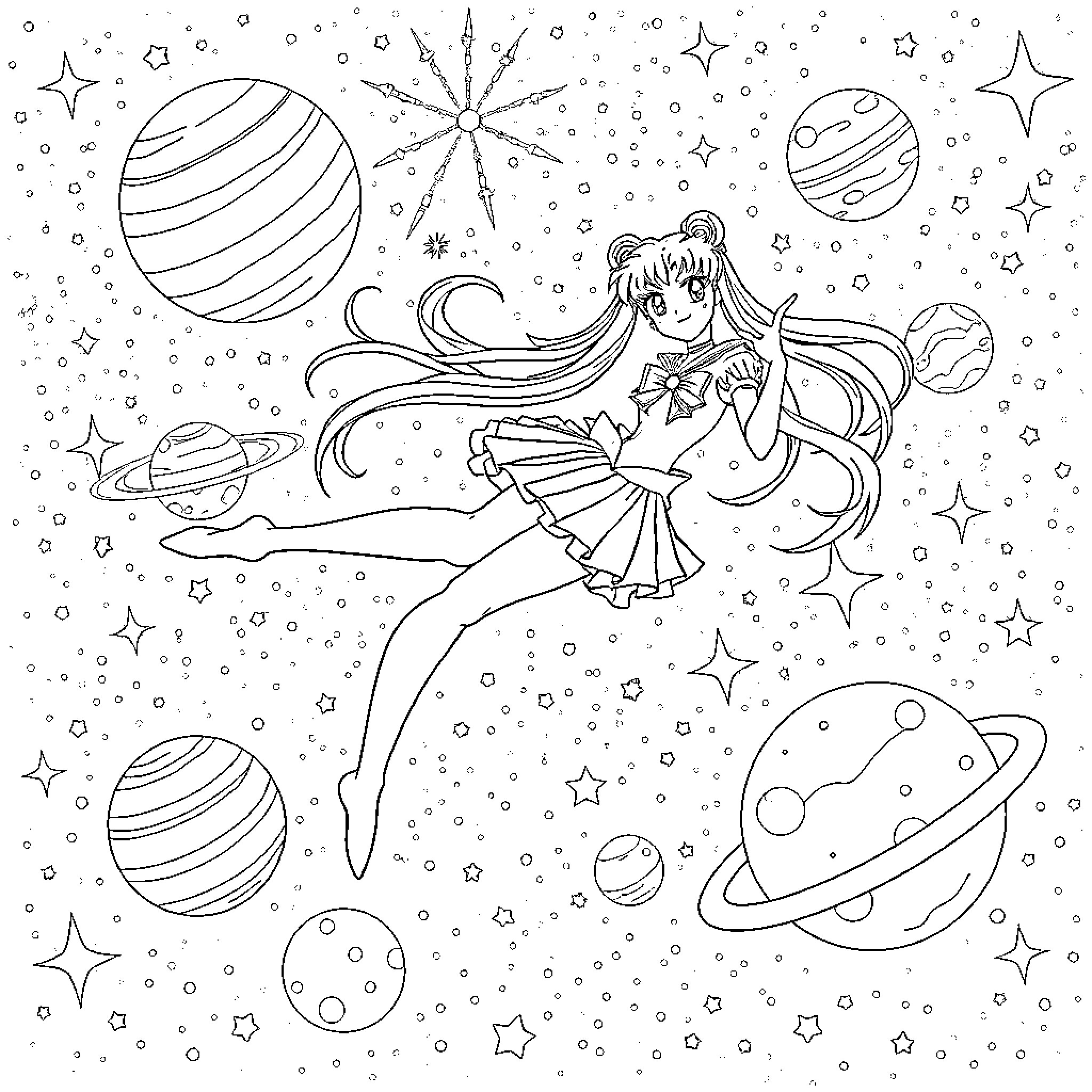 Sailor Moon in a Whimsical Cosmic Adventure Coloring Page (free black-and-white line drawing printable PDF for all, from beginners to advanced learners, including children, teens, adults, and seniors)