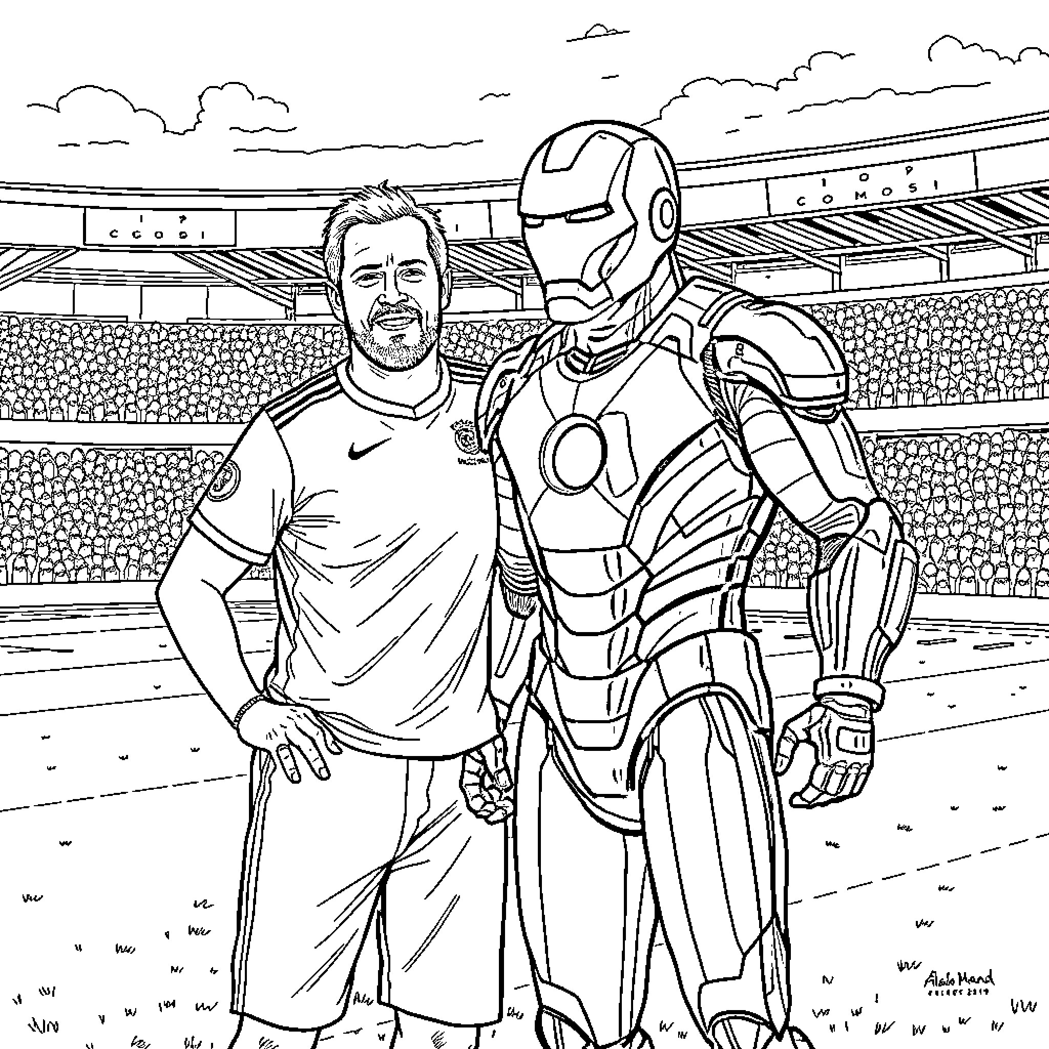 Alan Shearer posing with Iron Man on the football field Coloring Page (free black-and-white line drawing printable PDF for all, from beginners to advanced learners, including children, teens, adults, and seniors)