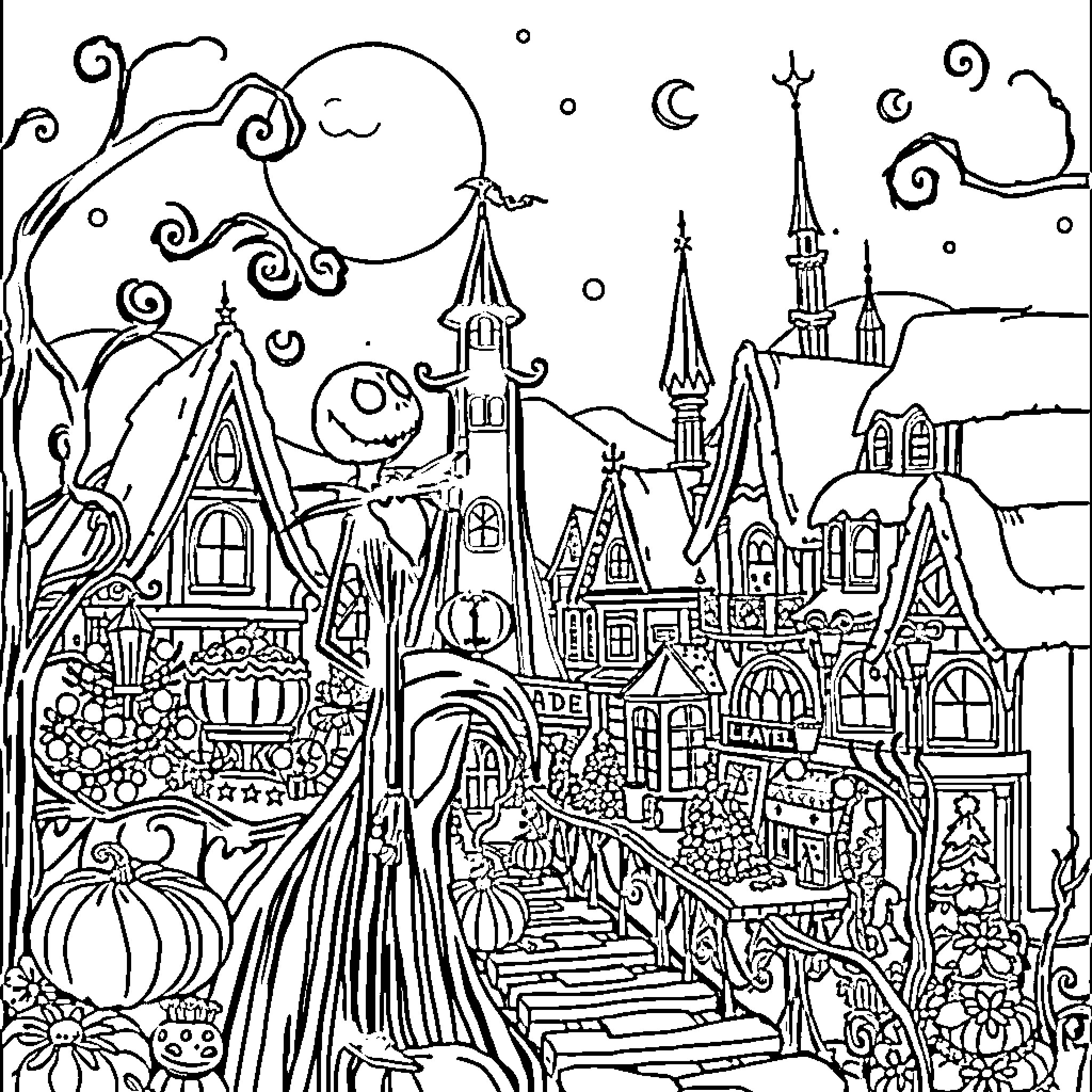 Nightmare Before Christmas: Whimsical Halloween Town Coloring Page (free black-and-white line drawing printable PDF for all, from beginners to advanced learners, including children, teens, adults, and seniors)