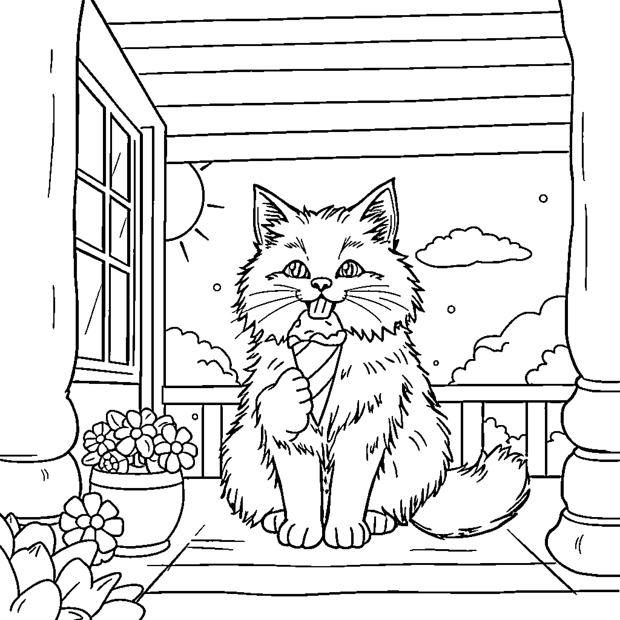 Cat sitting on porch enjoying the scenery Coloring Page (free black-and-white line drawing printable PDF for all, from beginners to advanced learners, including children, teens, adults, and seniors)