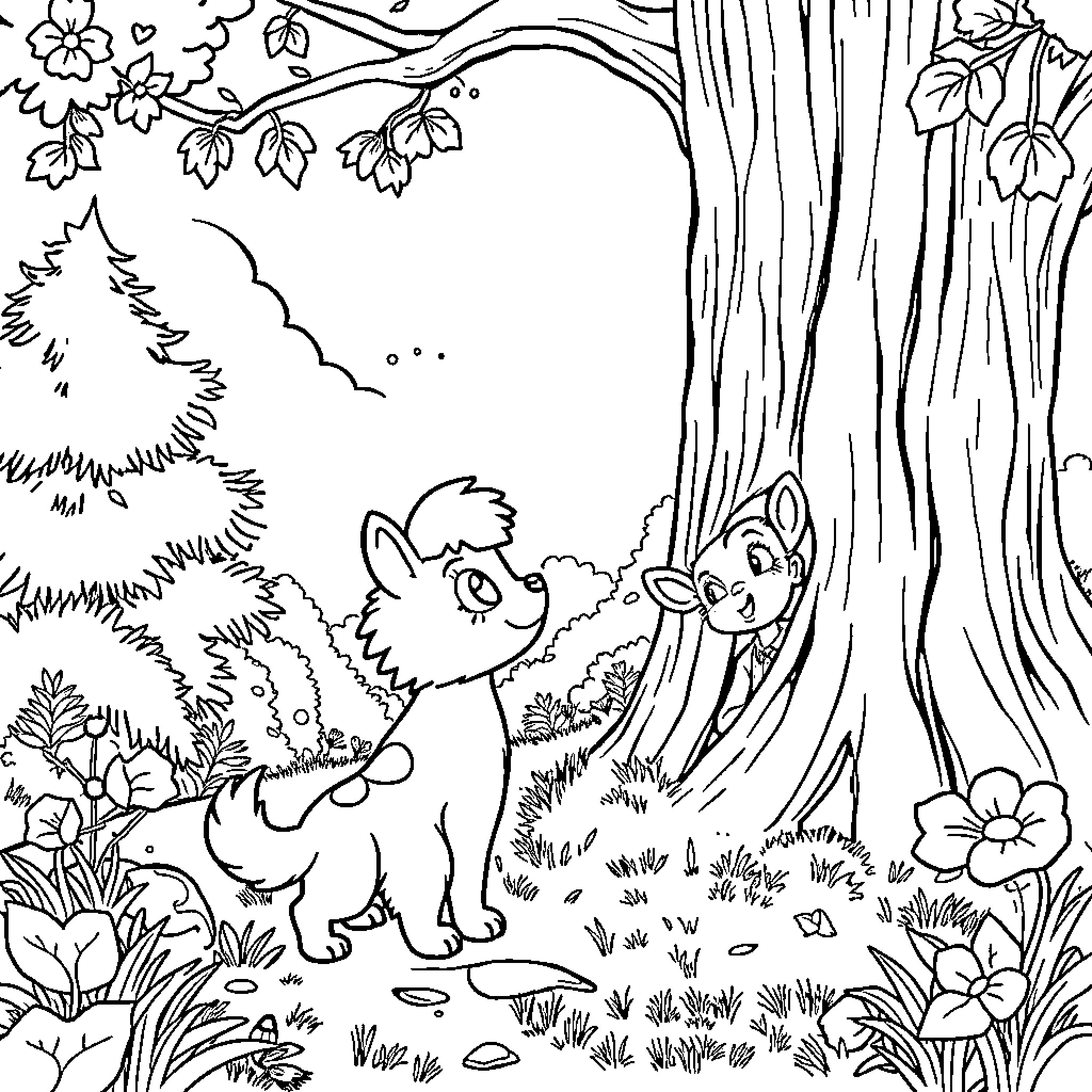 Rumi's Playful Adventure in the Enchanted Forest Coloring Page (free black-and-white line drawing printable PDF for all, from beginners to advanced learners, including children, teens, adults, and seniors)