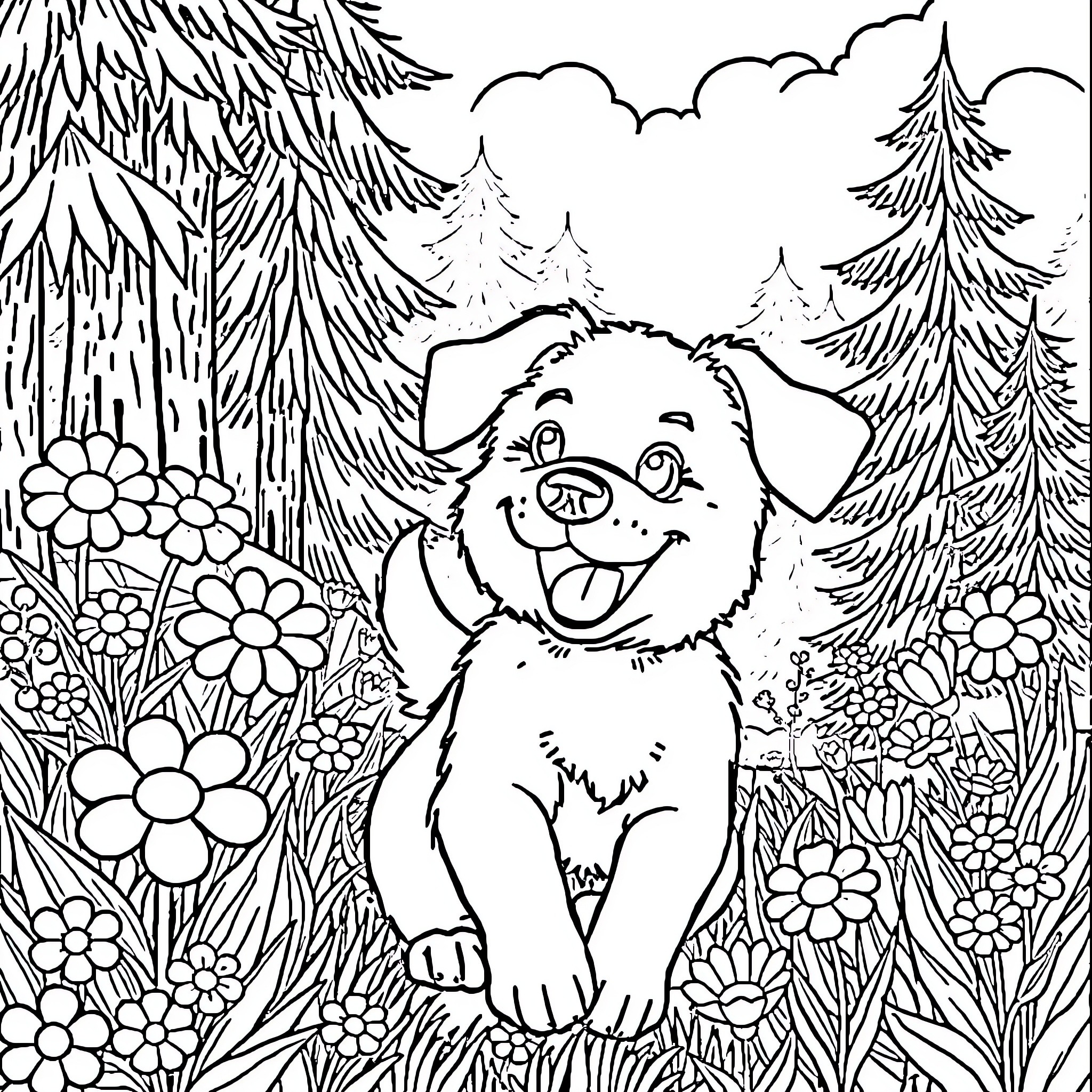 Dog in Colorful Forest Landscape Coloring Page (free black-and-white line drawing printable PDF for all, from beginners to advanced learners, including children, teens, adults, and seniors)