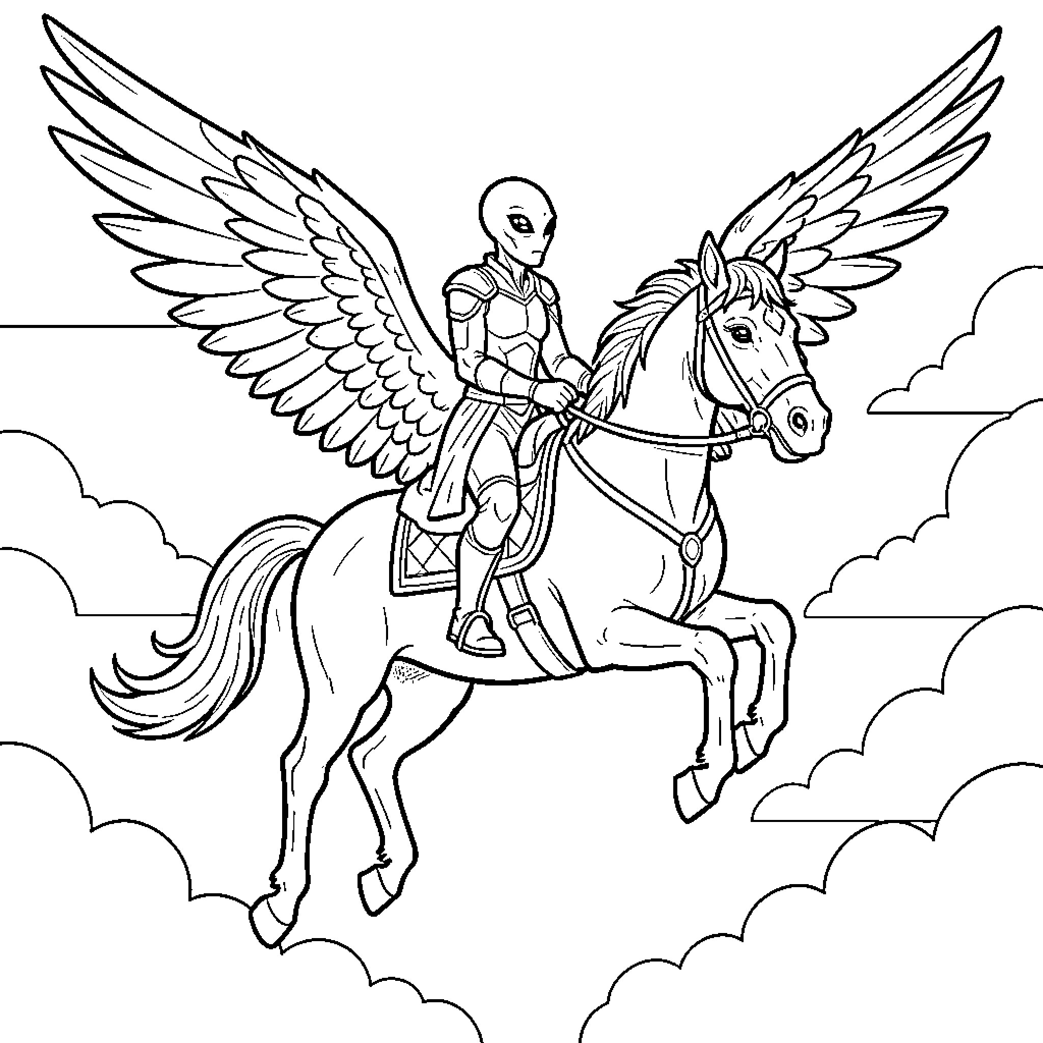 Alien warrior riding a winged horse in the sky Coloring Page (free black-and-white line drawing printable PDF for all, from beginners to advanced learners, including children, teens, adults, and seniors)